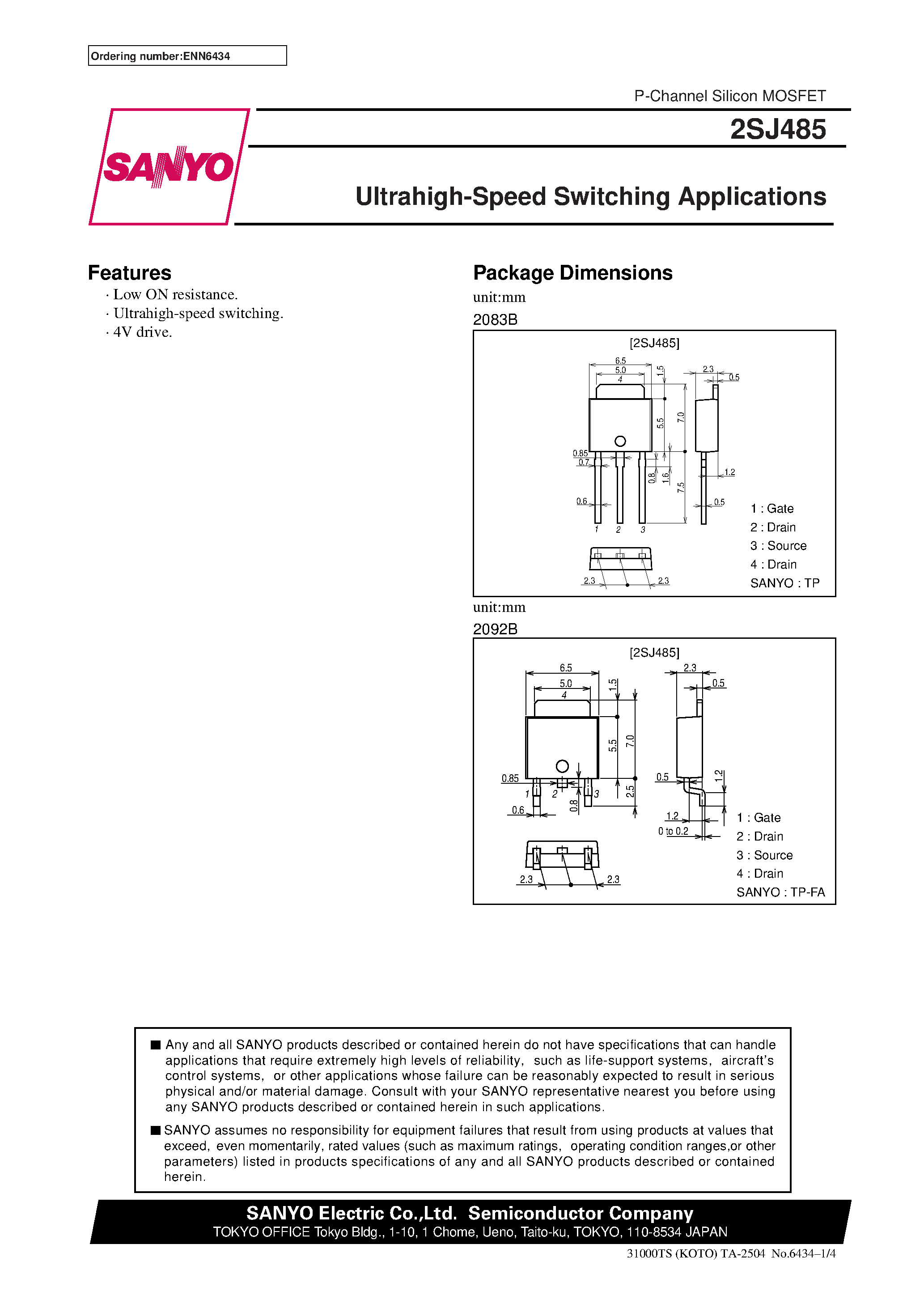 Datasheet 2SJ485 - Ultrahigh-Speed Switching Applications page 1