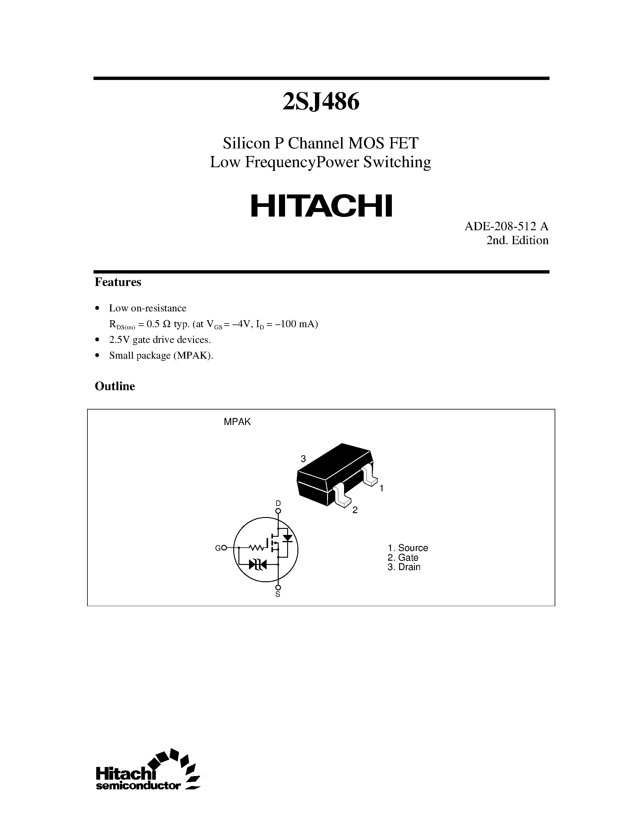 Datasheet 2SJ486 - Silicon P Channel MOS FET Low FrequencyPower Switching page 1
