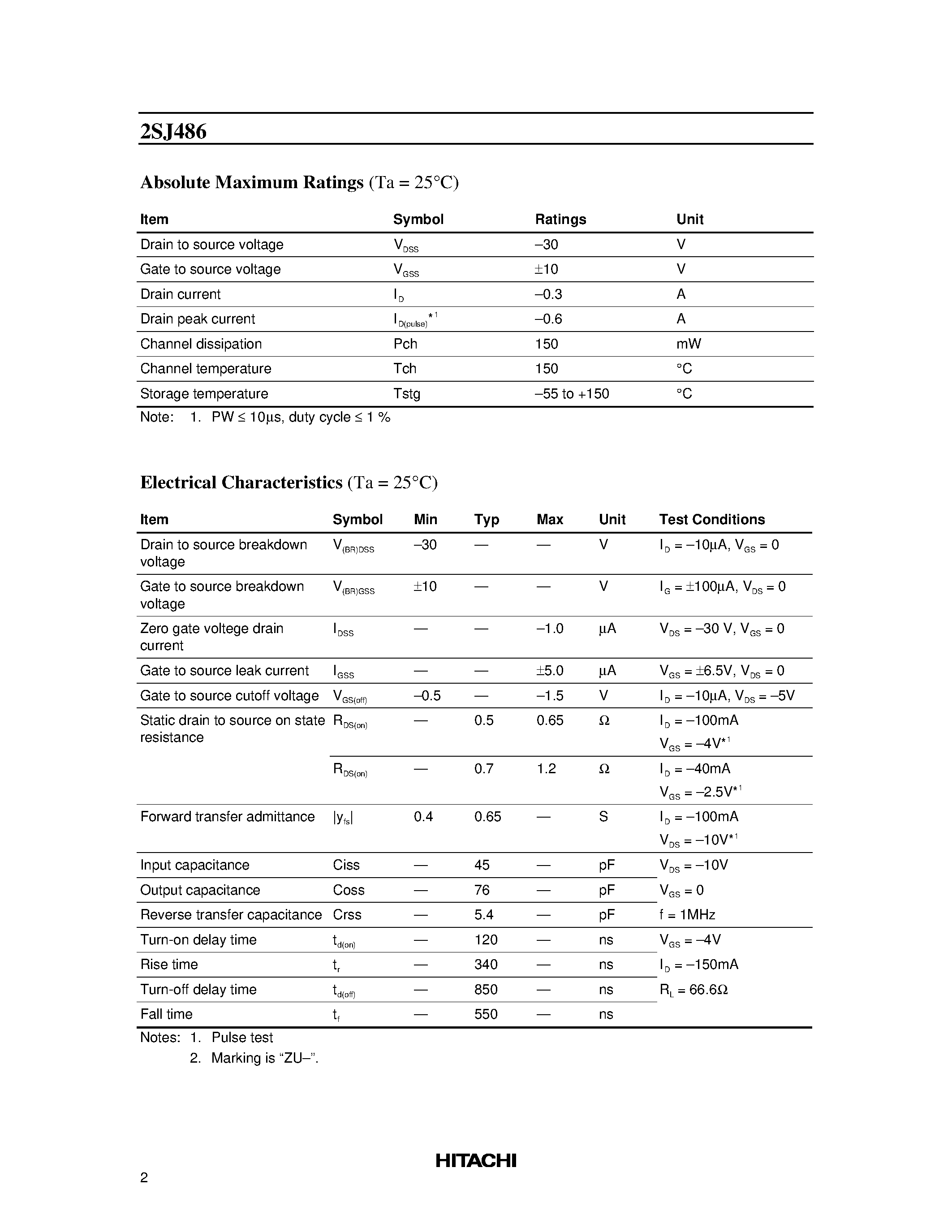 Datasheet 2SJ486 - Silicon P Channel MOS FET Low FrequencyPower Switching page 2
