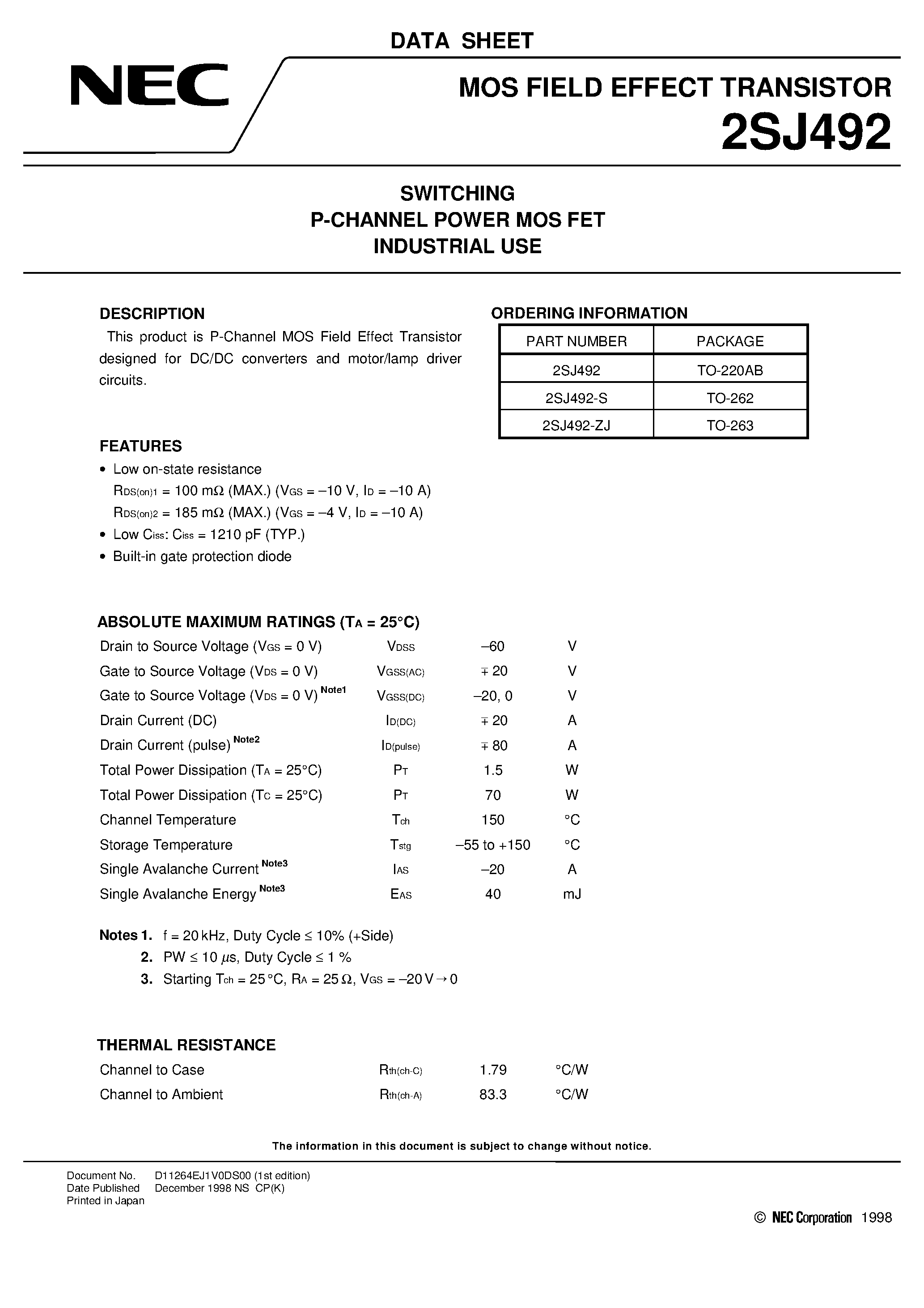 Datasheet 2SJ492-S - SWITCHING P-CHANNEL POWER MOS FET INDUSTRIAL USE page 1
