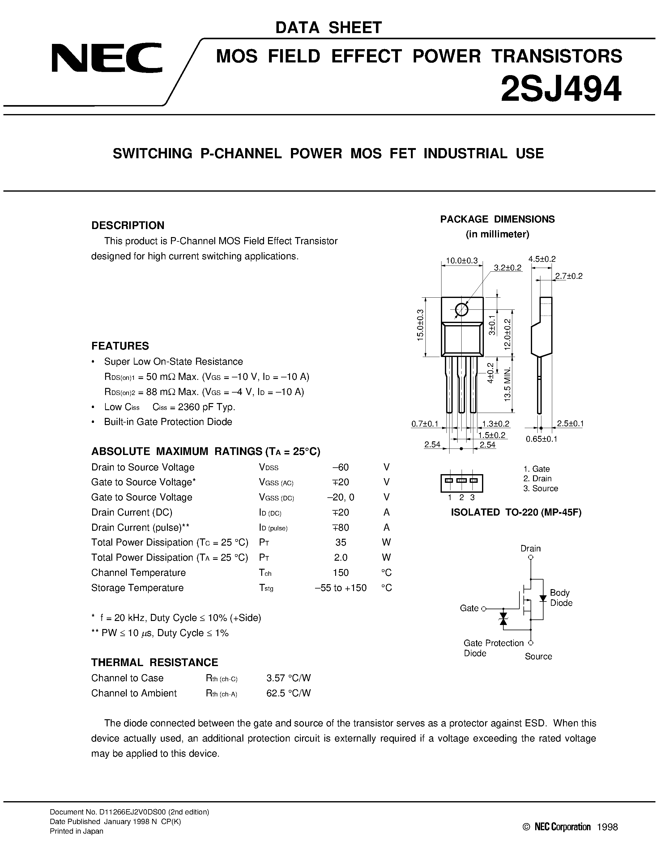 Datasheet 2SJ494 - SWITCHING P-CHANNEL POWER MOS FET INDUSTRIAL USE page 1