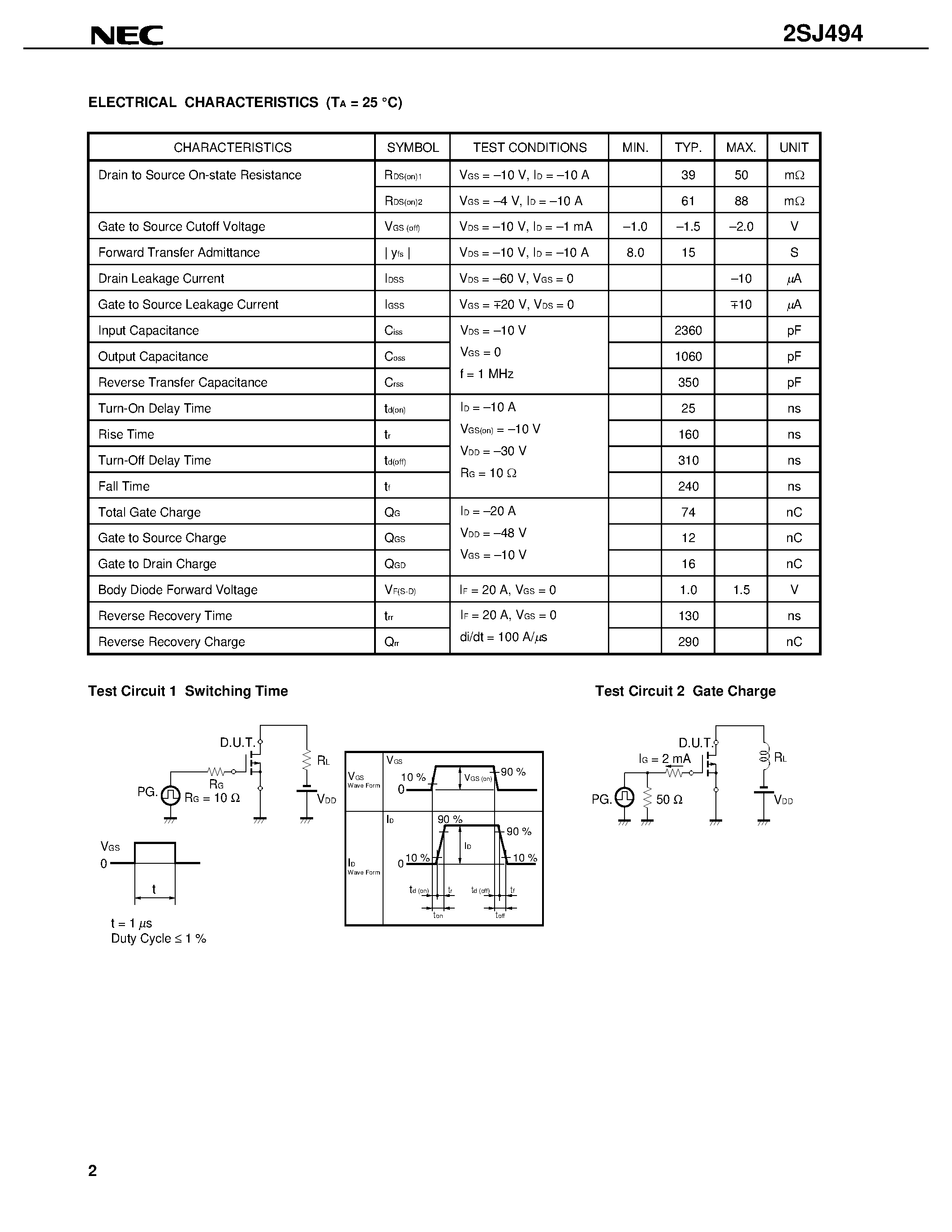 Datasheet 2SJ494 - SWITCHING P-CHANNEL POWER MOS FET INDUSTRIAL USE page 2