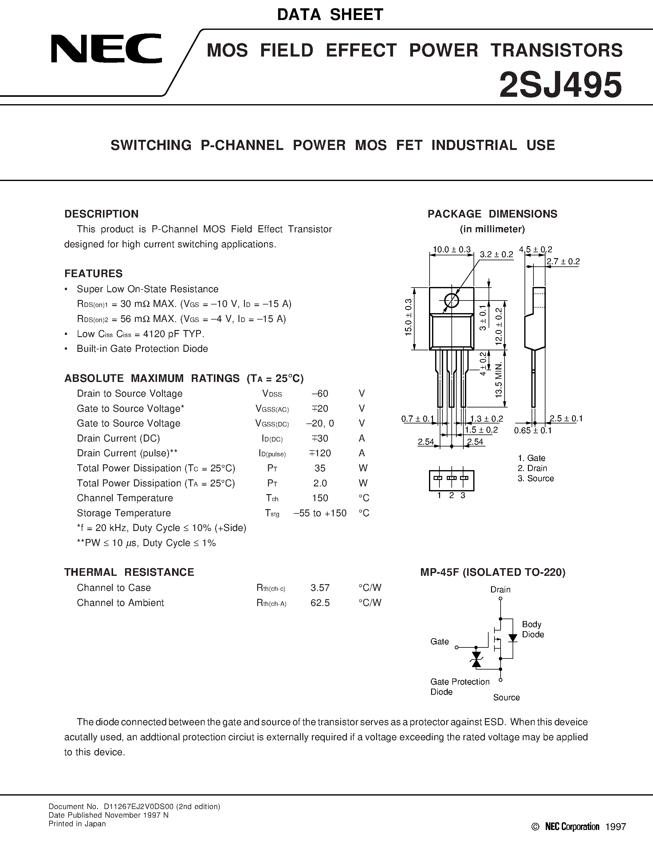 Datasheet 2SJ495 - SWITCHING P-CHANNEL POWER MOS FET INDUSTRIAL USE page 1