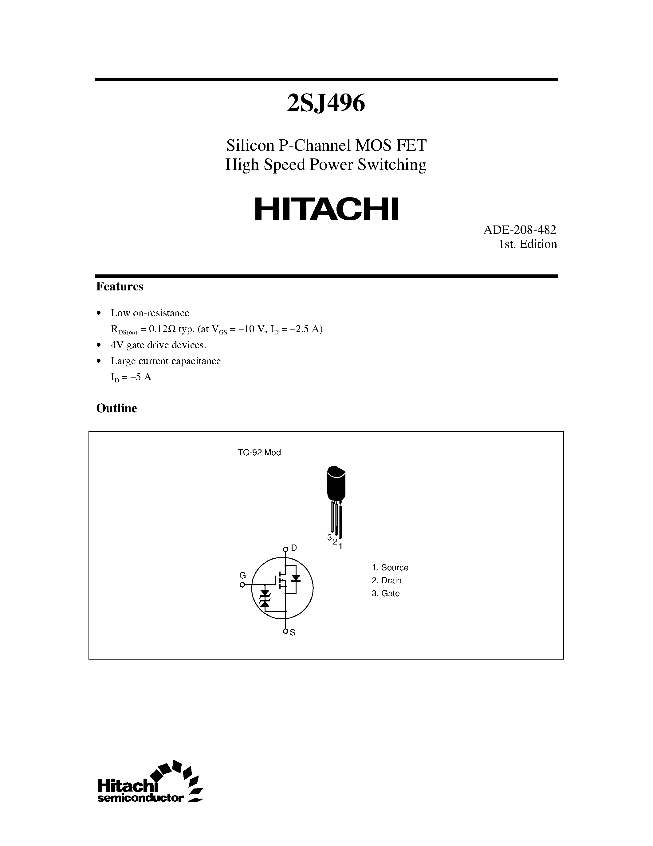 Datasheet 2SJ496 - Silicon P-Channel MOS FET High Speed Power Switching page 1