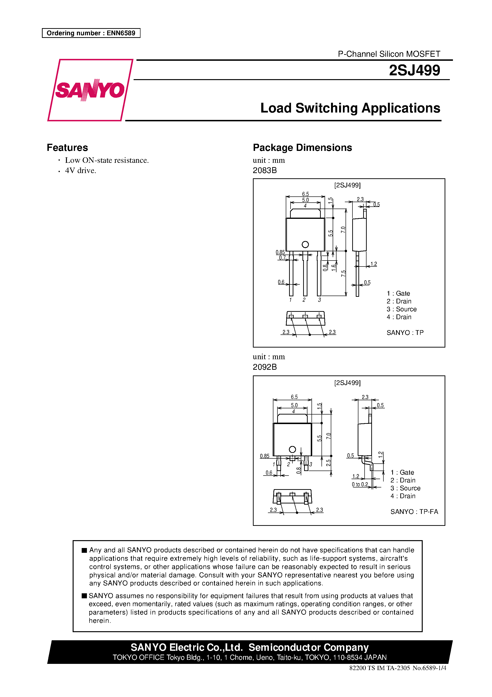 Datasheet 2SJ499 - Load Switching Applications page 1