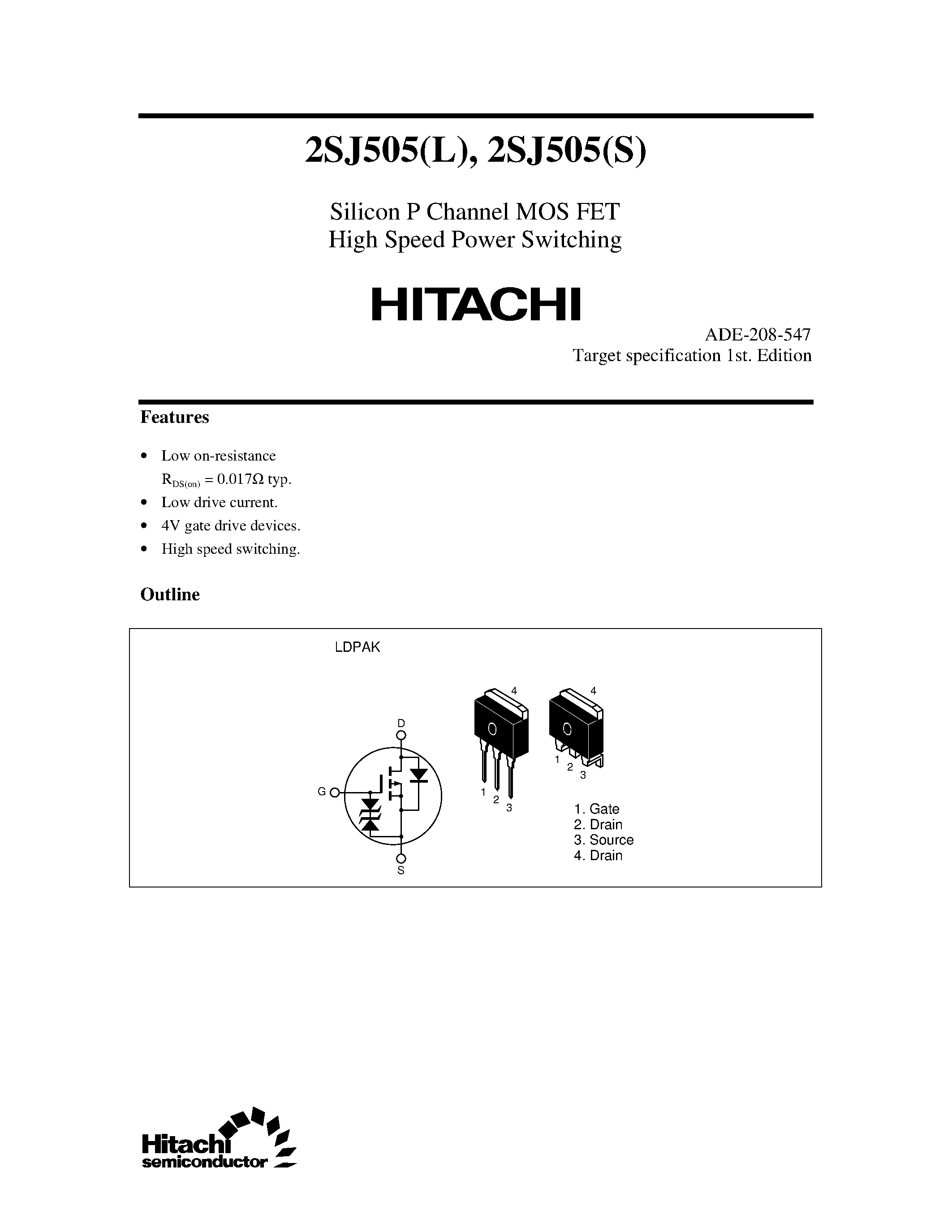 Datasheet 2SJ505S - Silicon P Channel MOS FET High Speed Power Switching page 1