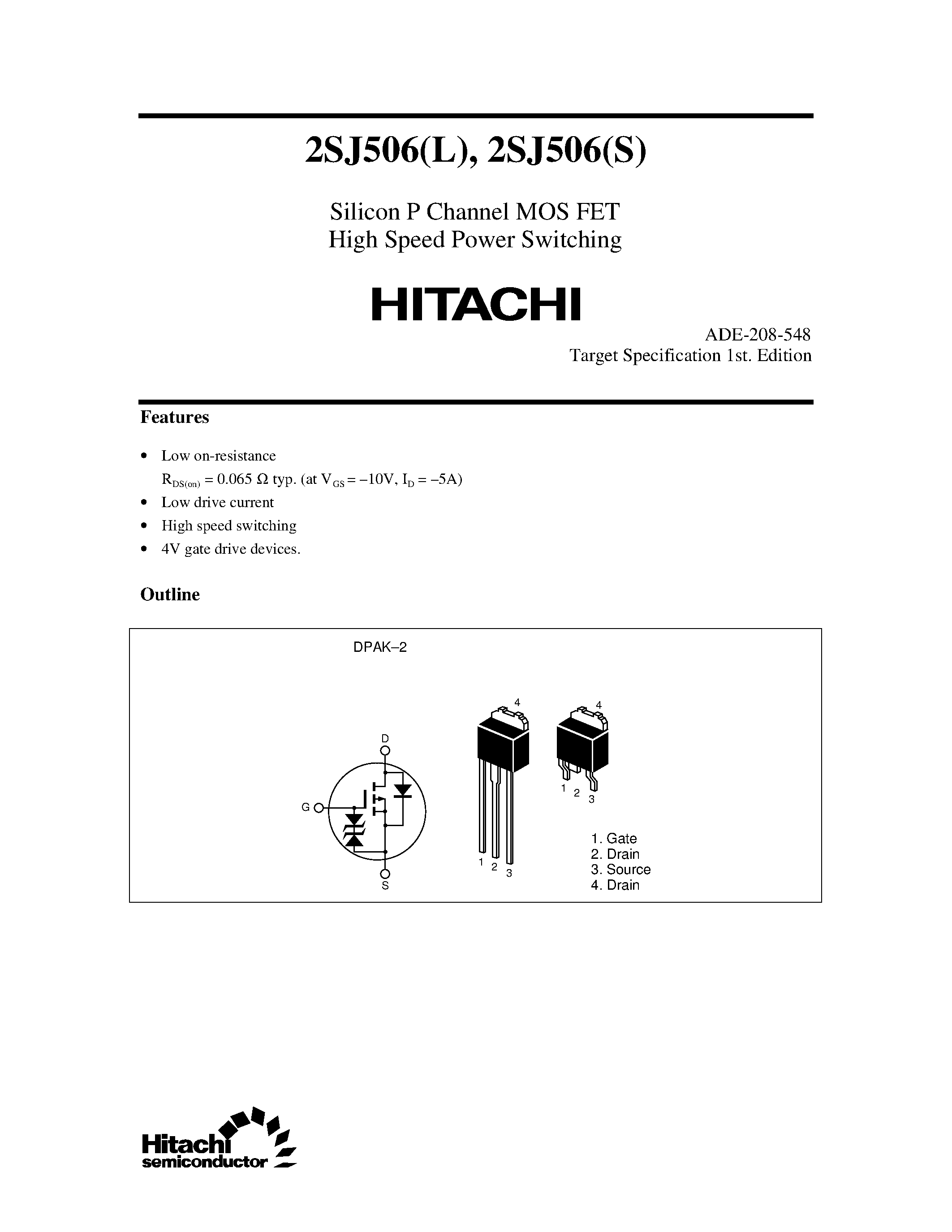 Datasheet 2SJ506L - Silicon P Channel MOS FET High Speed Power Switching page 1