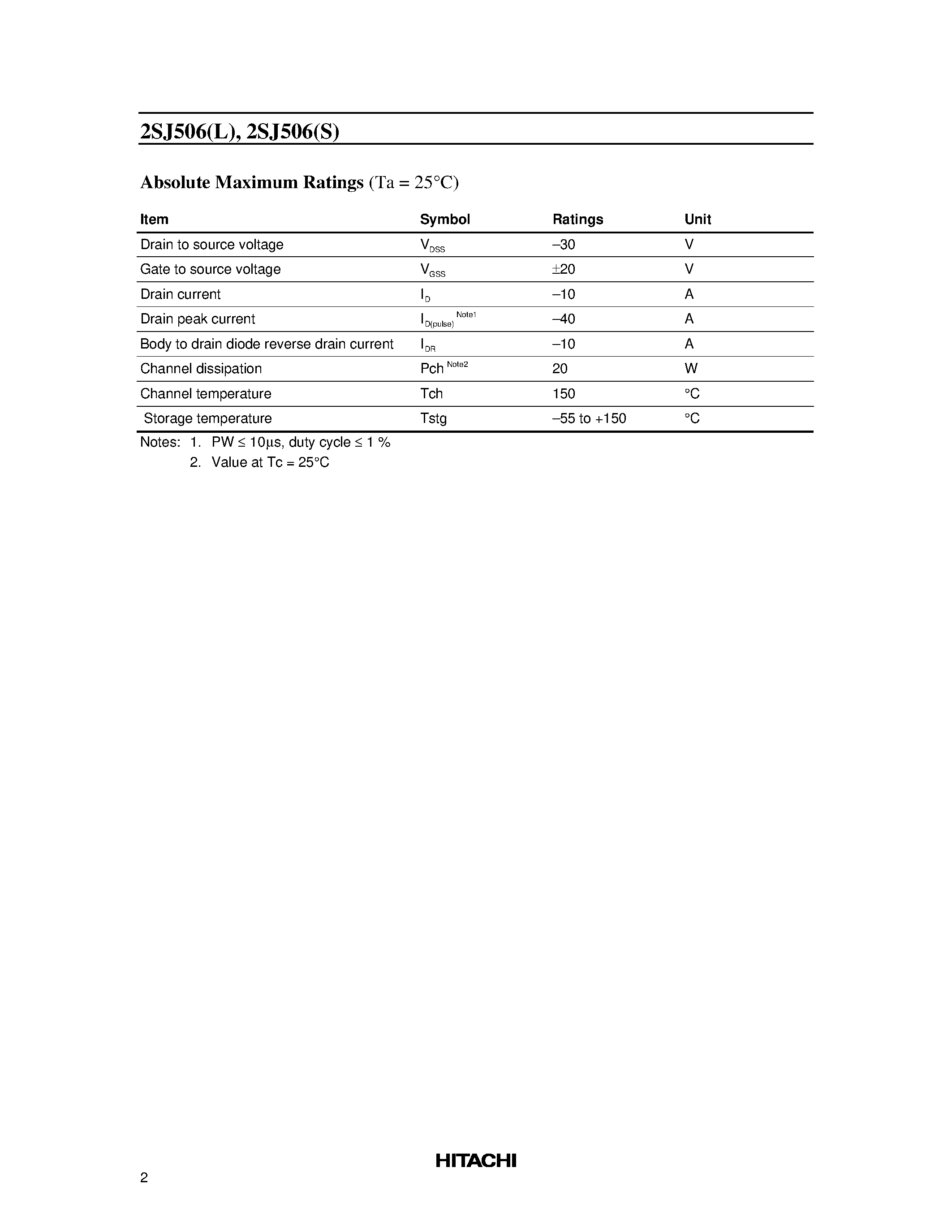 Datasheet 2SJ506S - Silicon P Channel MOS FET High Speed Power Switching page 2