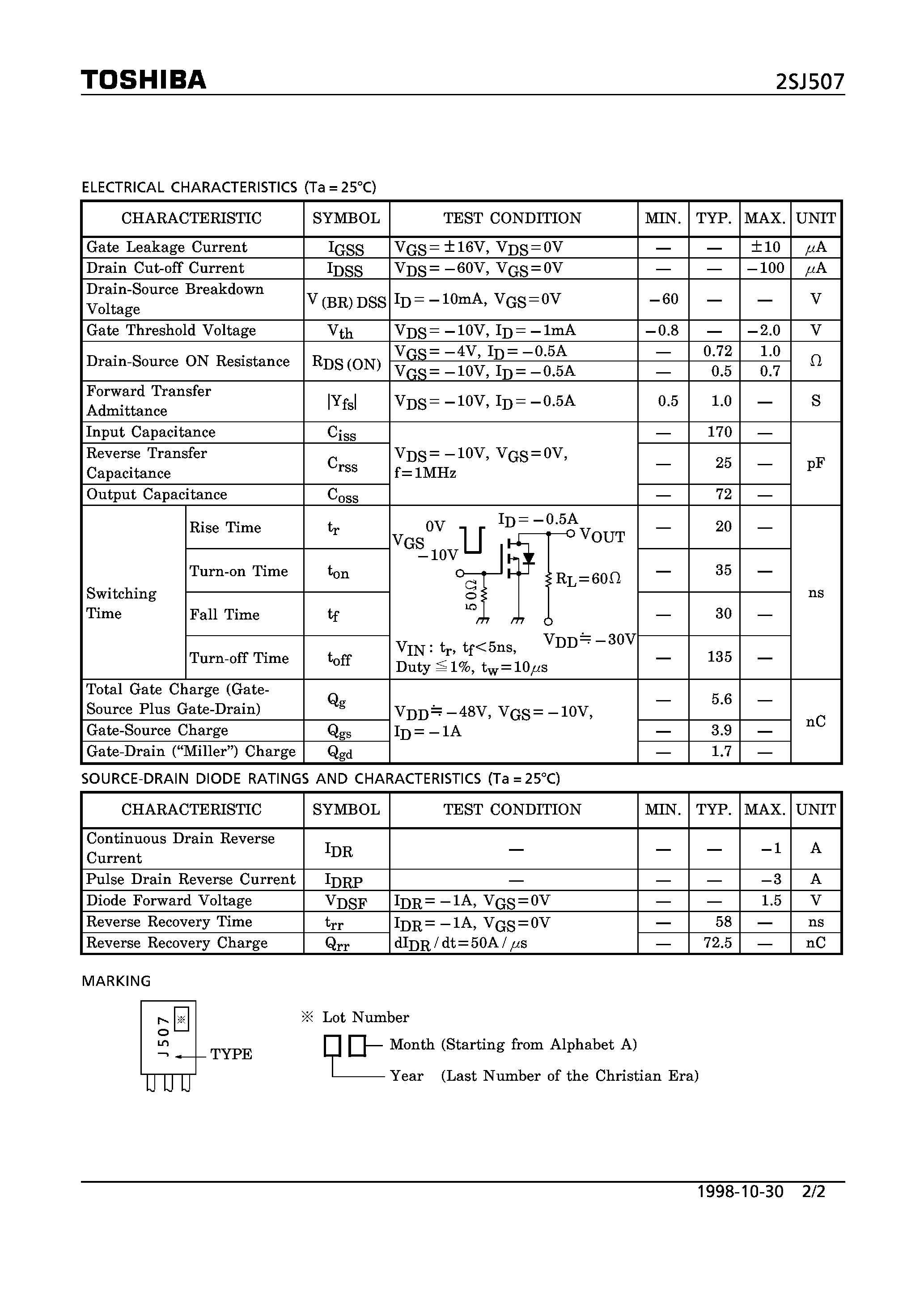 Datasheet 2SJ507 - P CHANNEL MOS TYPE (HIGH SPEED/ HIGH CURRENT SWITCHING/ CHOPPER REGULATOR/ DC-DC CONVERTER AND MOTOR DRIVE APPLICATOINS) page 2