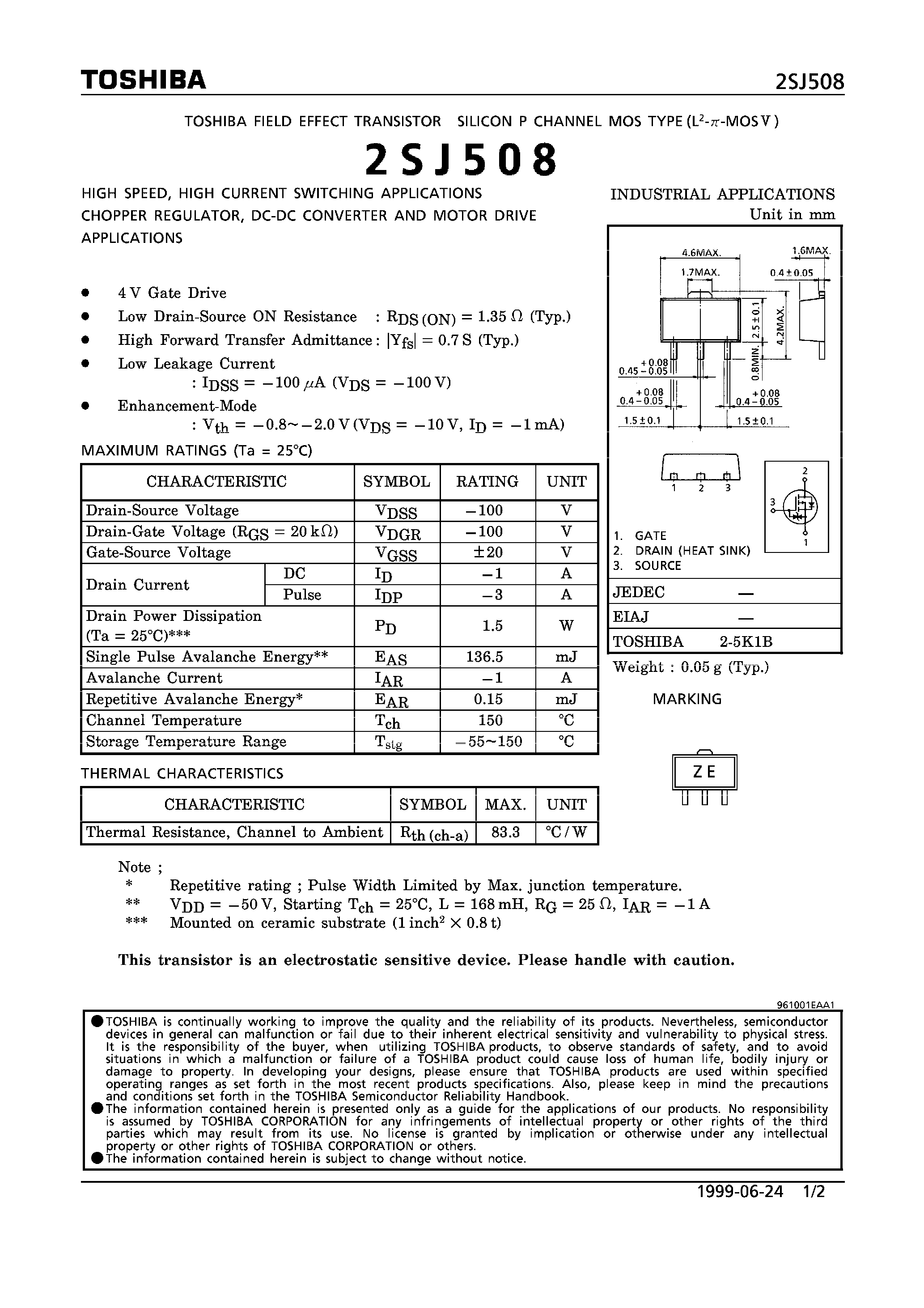 Datasheet 2SJ508 - P CHANNEL MOS TYPE (HIGH SPEED/ HIGH CURRENT SWITCHING/ CHOPPER REGULATOR/ DC-DC CONVERTER AND MOTOR DRIVE APPLICATIONS) page 1