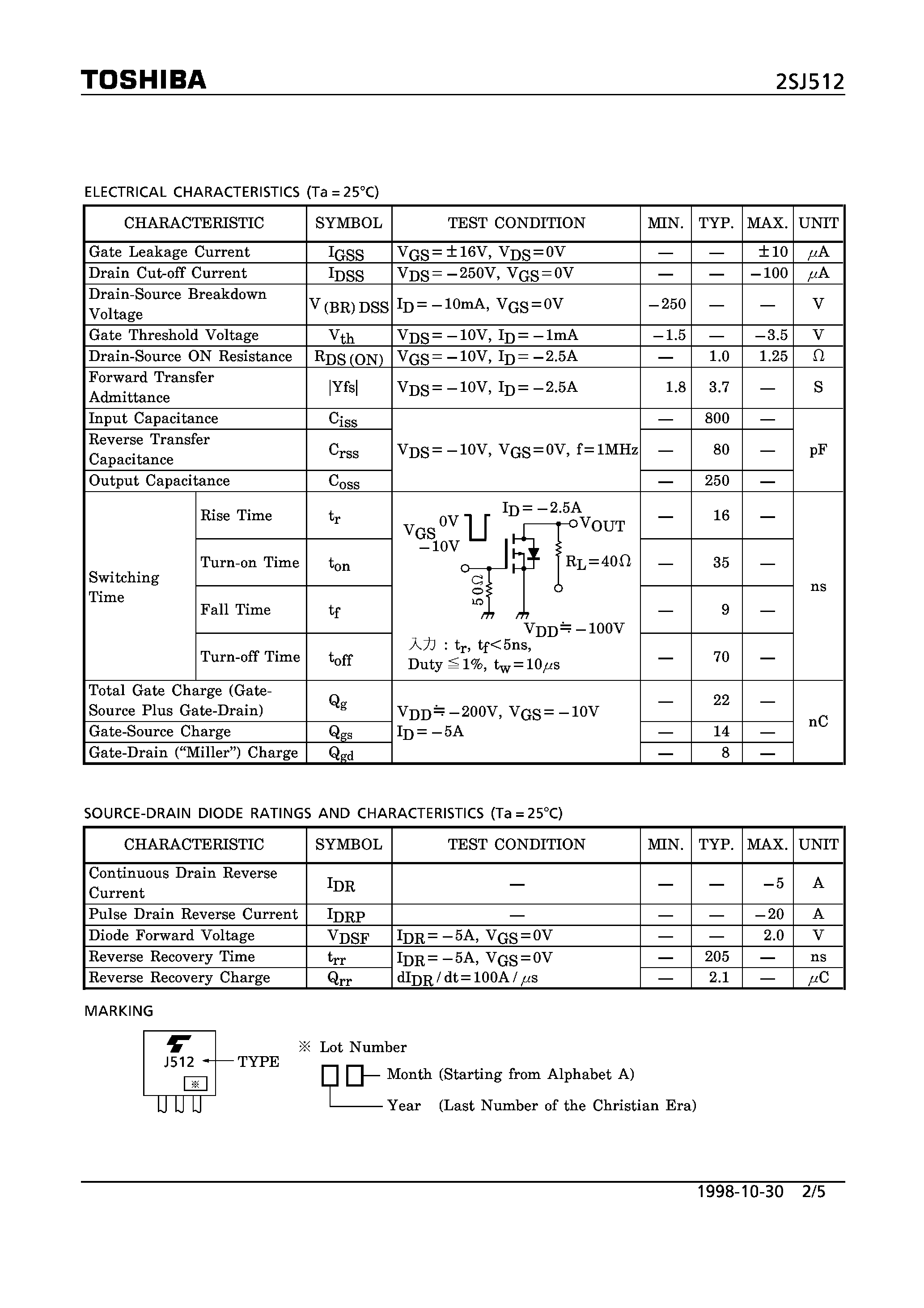 Datasheet 2SJ512 - P CHANNEL MOS TYPE (HIGH SPEED/ HIGH CURRENT SWITCHING/ CHOPPER REGULATOR/ DC-DC CONVERTER AND MOTOR DRIVE APPLICATIONS) page 2