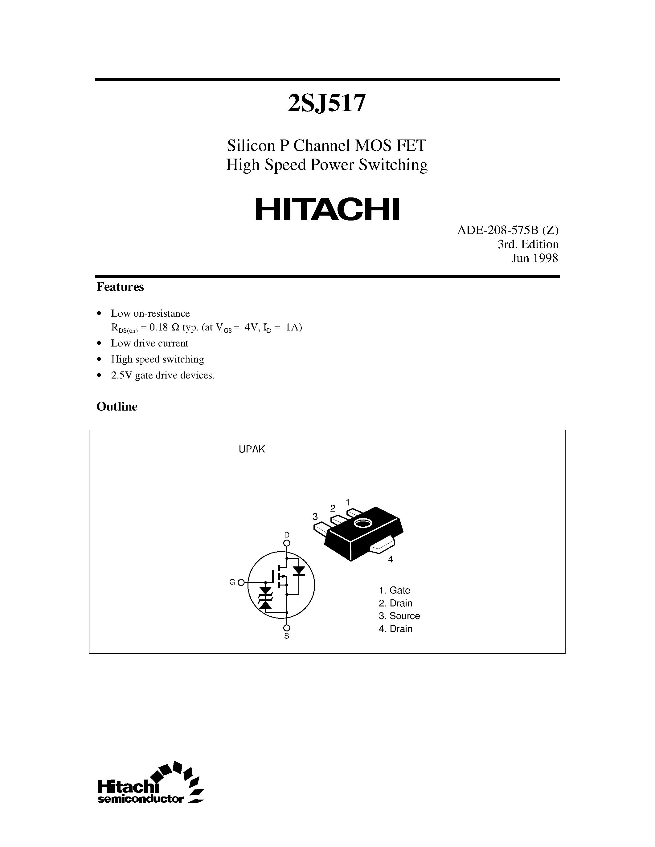 Datasheet 2SJ517 - Silicon P Channel MOS FET High Speed Power Switching page 1
