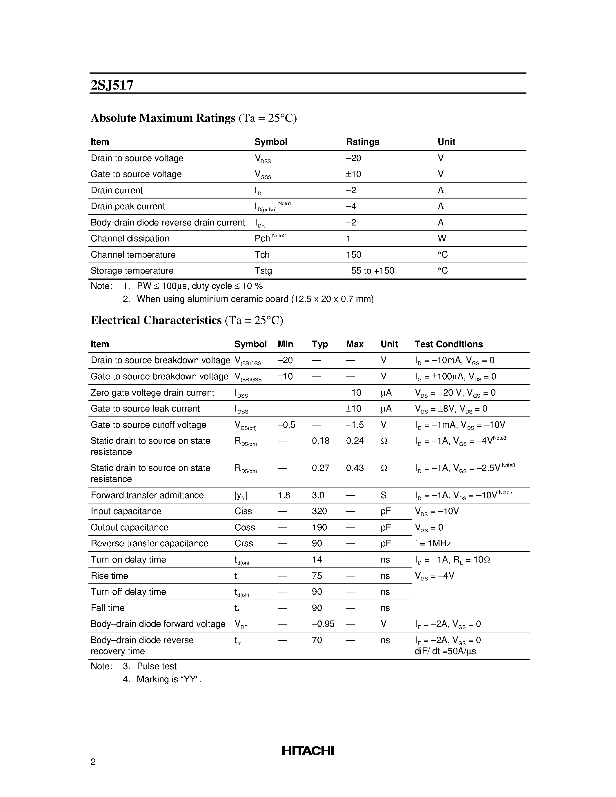 Datasheet 2SJ517 - Silicon P Channel MOS FET High Speed Power Switching page 2