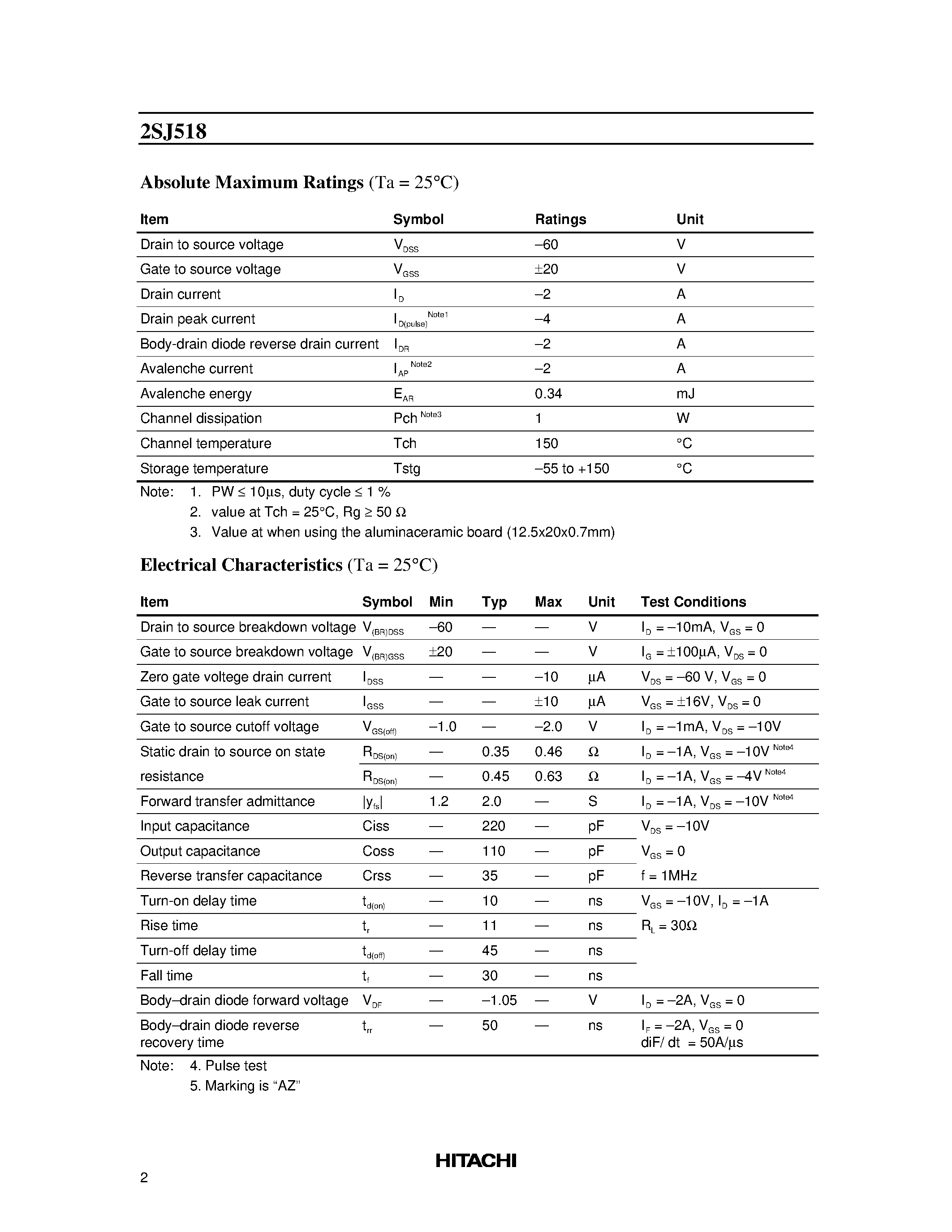 Datasheet 2SJ518 - Silicon P Channel MOS FET High Speed Power Switching page 2