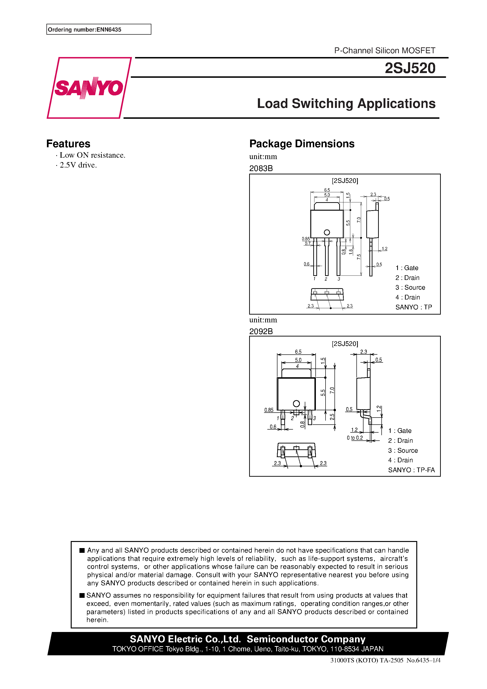 Datasheet 2SJ520 page 1 Datasheet 2SJ520 - Load Switching Applications page 1