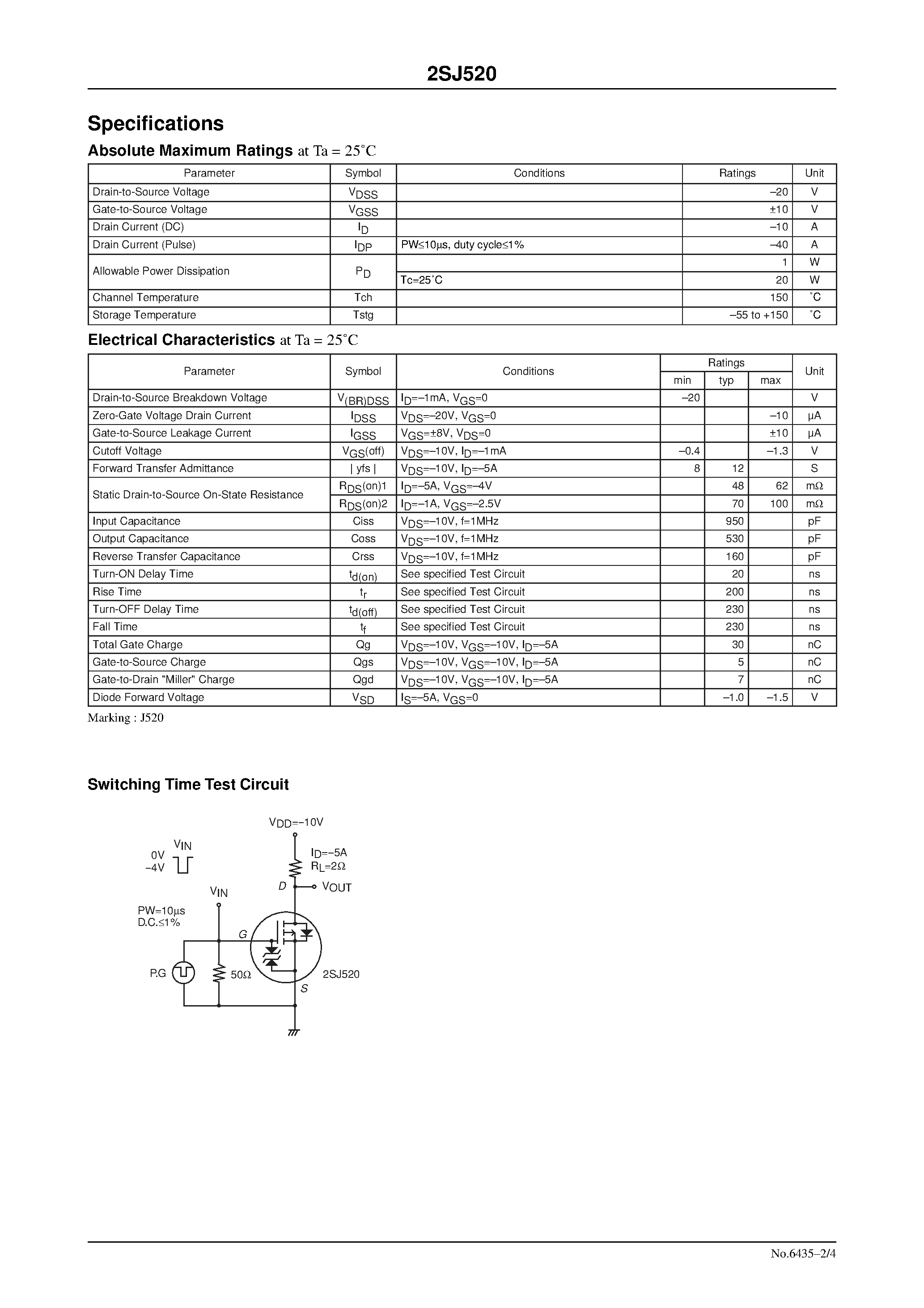 Datasheet 2SJ520 page 2 Datasheet 2SJ520 - Load Switching Applications page 2