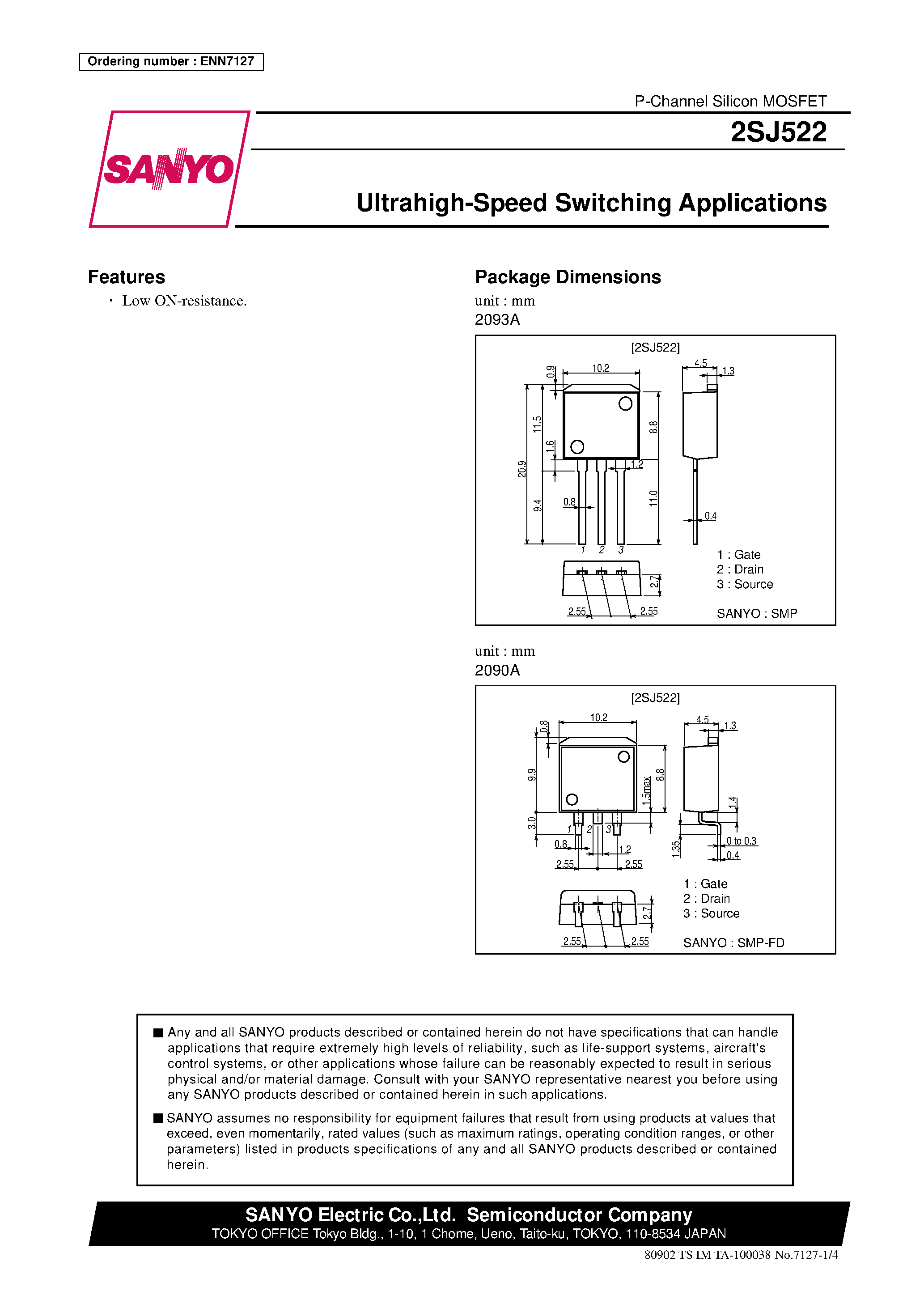 Datasheet 2SJ522 - Ultrahigh-Speed Switching Applications page 1
