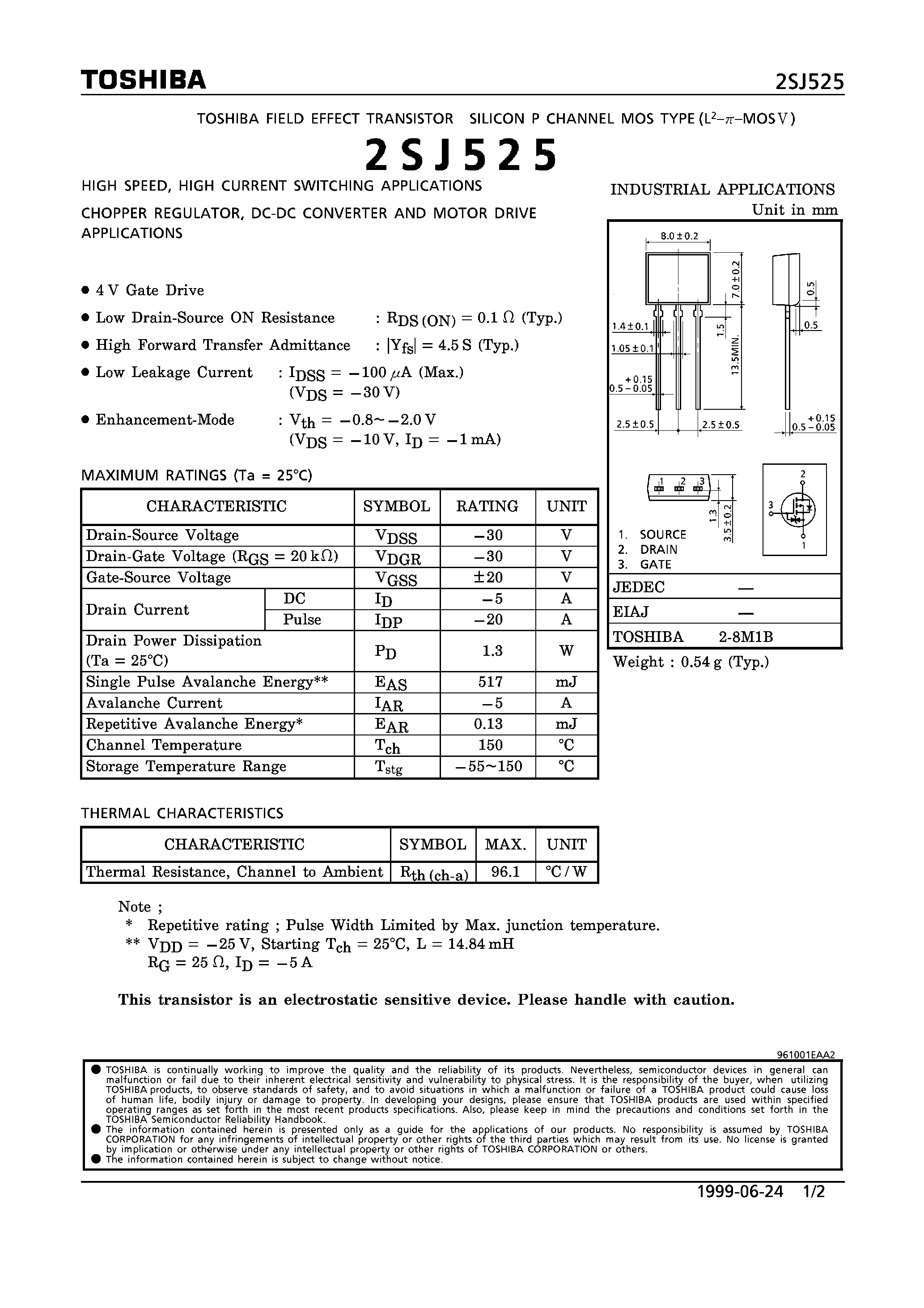 Даташит на микросхему 2SJ525 страница 1 Даташит 2SJ525 - P CHANNEL NOS TYPE (HIGH SPEED/ HIGH CURRENT SWITCHING/ CHOPPER REGULATOR/ DC-DC CONVERTER AND MOTOR DRIVE APPLICATIONS) страница 1