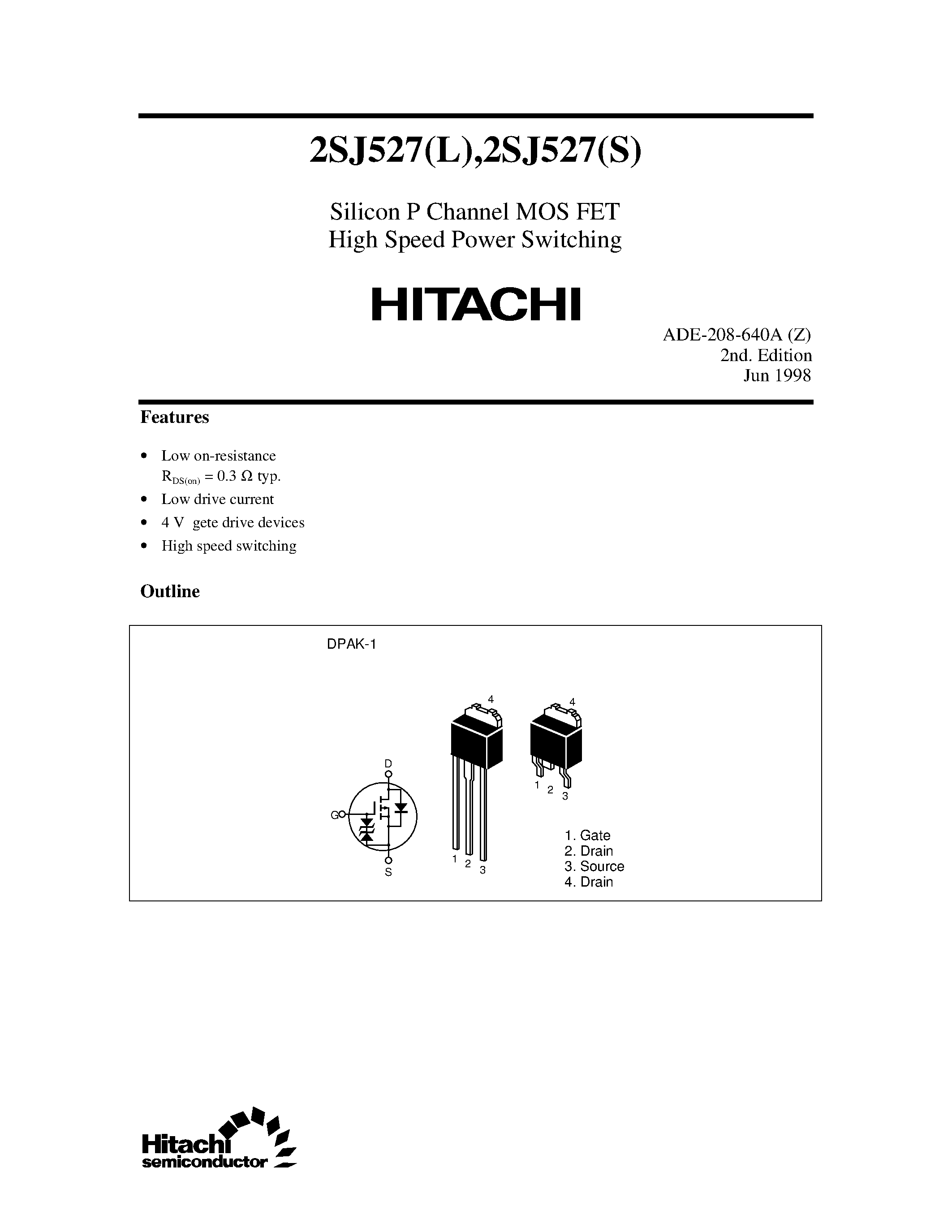 Datasheet 2SJ527L - Silicon P Channel MOS FET High Speed Power Switching page 1
