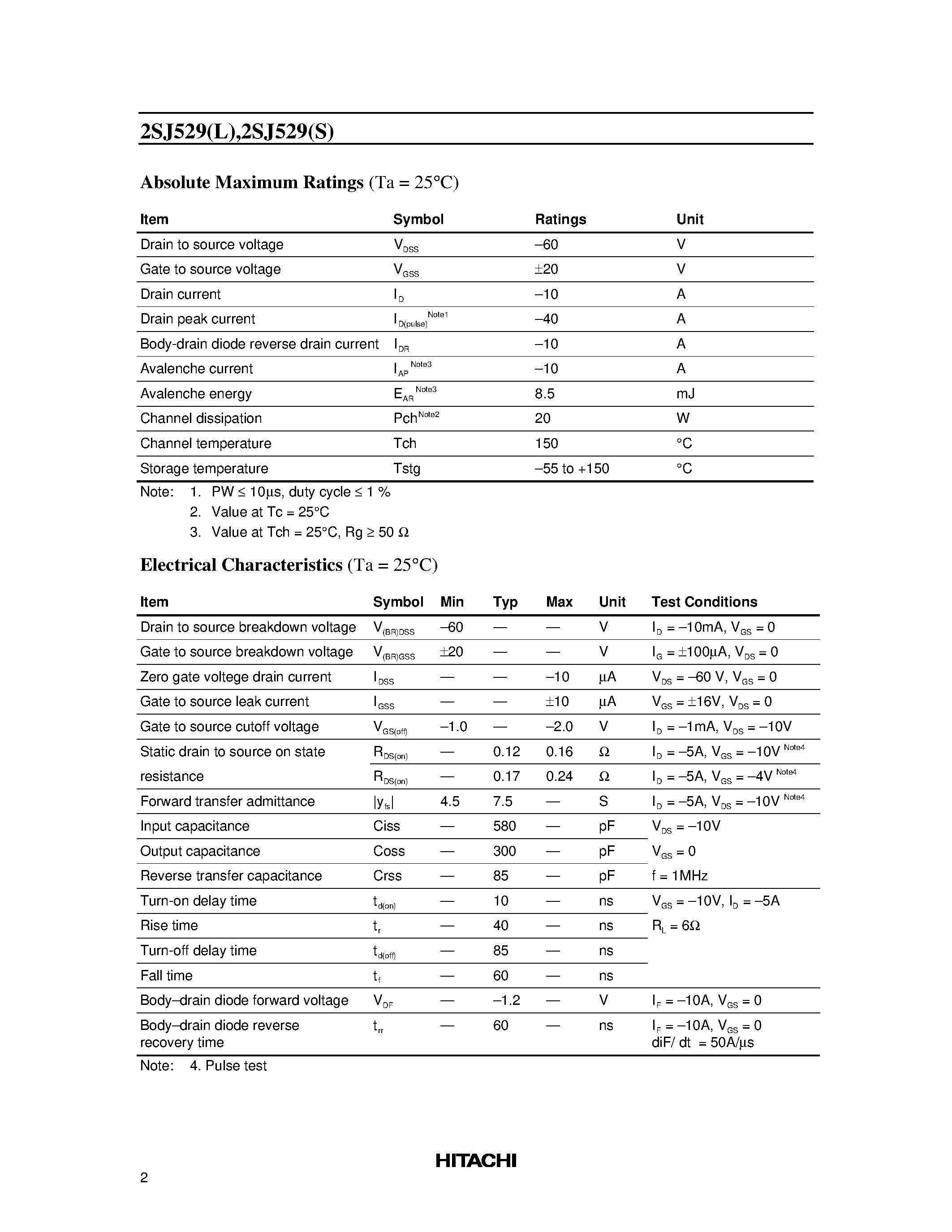 Datasheet 2SJ529S - Silicon P Channel MOS FET High Speed Power Switching page 2