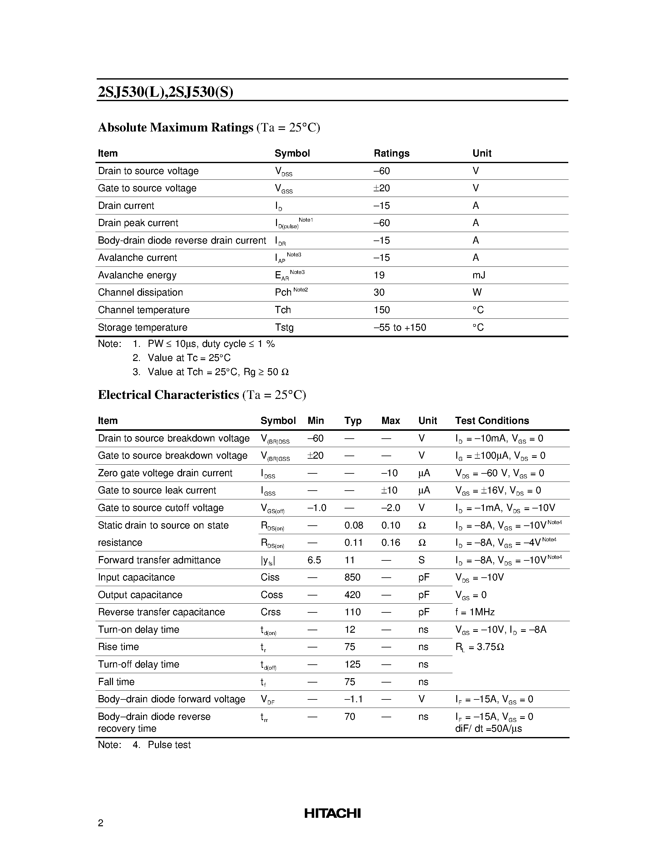 Datasheet 2SJ530S - Silicon P Channel MOS FET High Speed Power Switching page 2