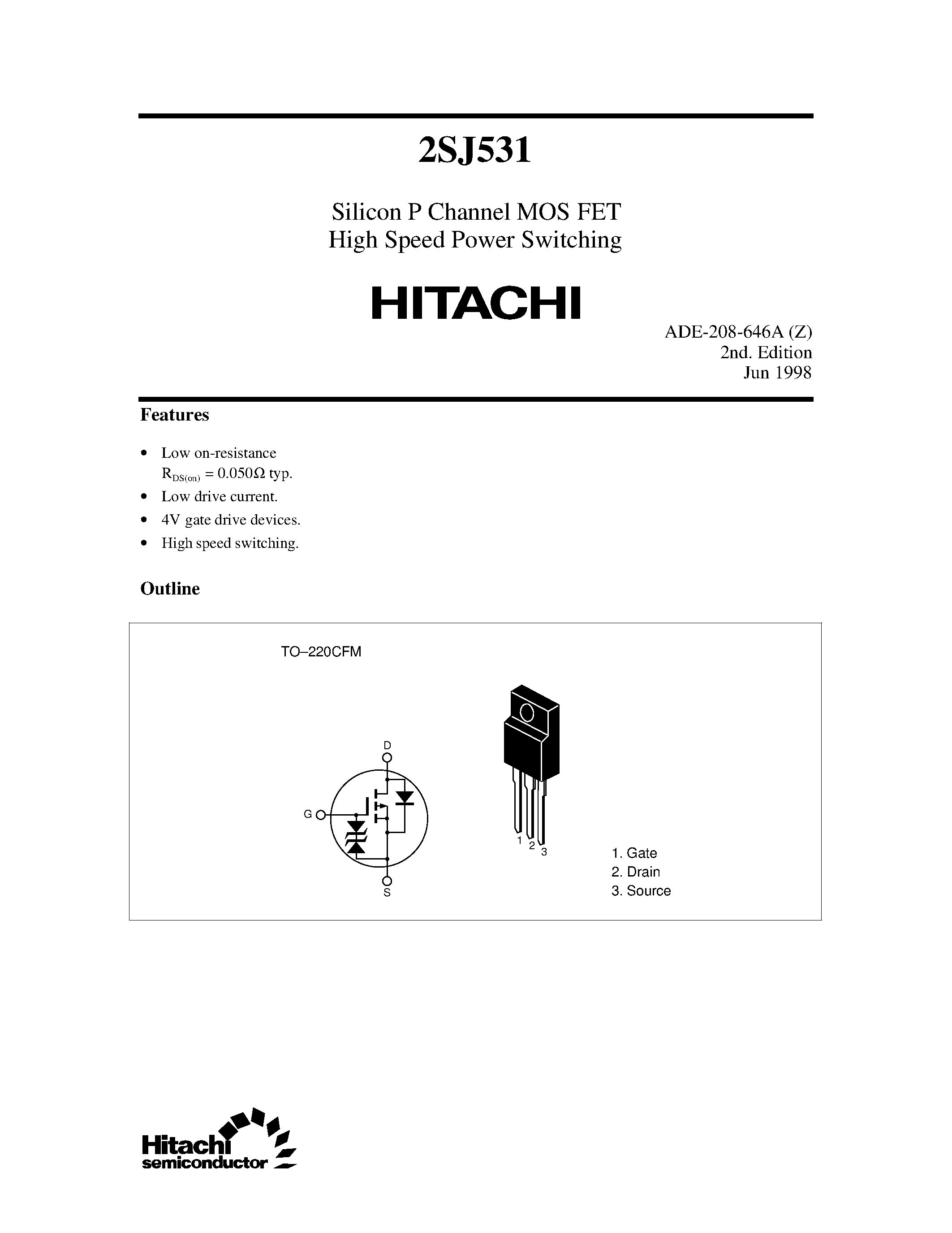 Datasheet 2SJ531 - Silicon P Channel MOS FET High Speed Power Switching page 1
