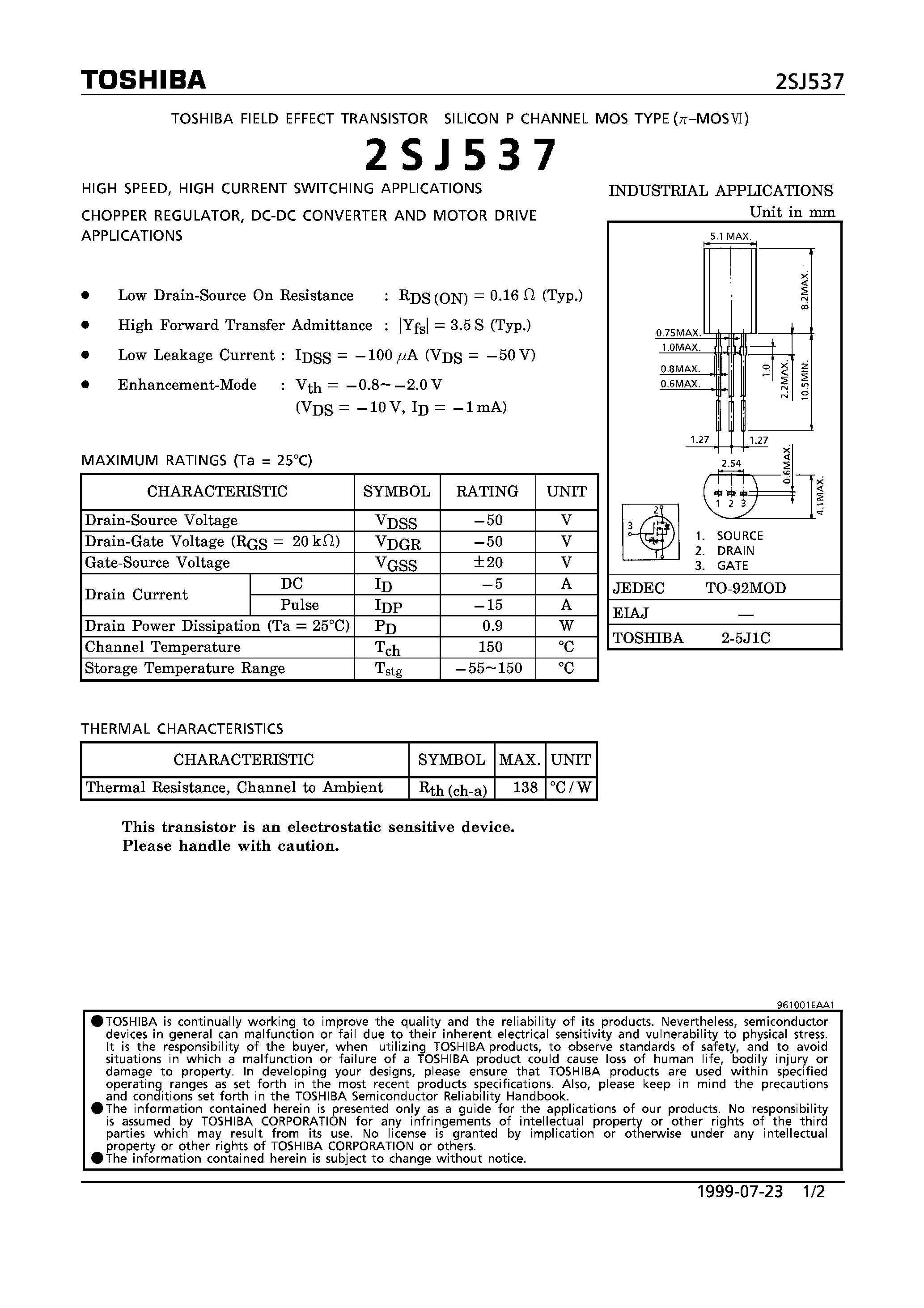 Datasheet 2SJ537 - P CHANNEL MOS TYPE (HIGH SPEED/ HIGH CURRENT SWITCHING/ CHOPPER REGULATOR/ DC-DC CONVERTER AND MOTOR DRIVE APPLICATIONS) page 1