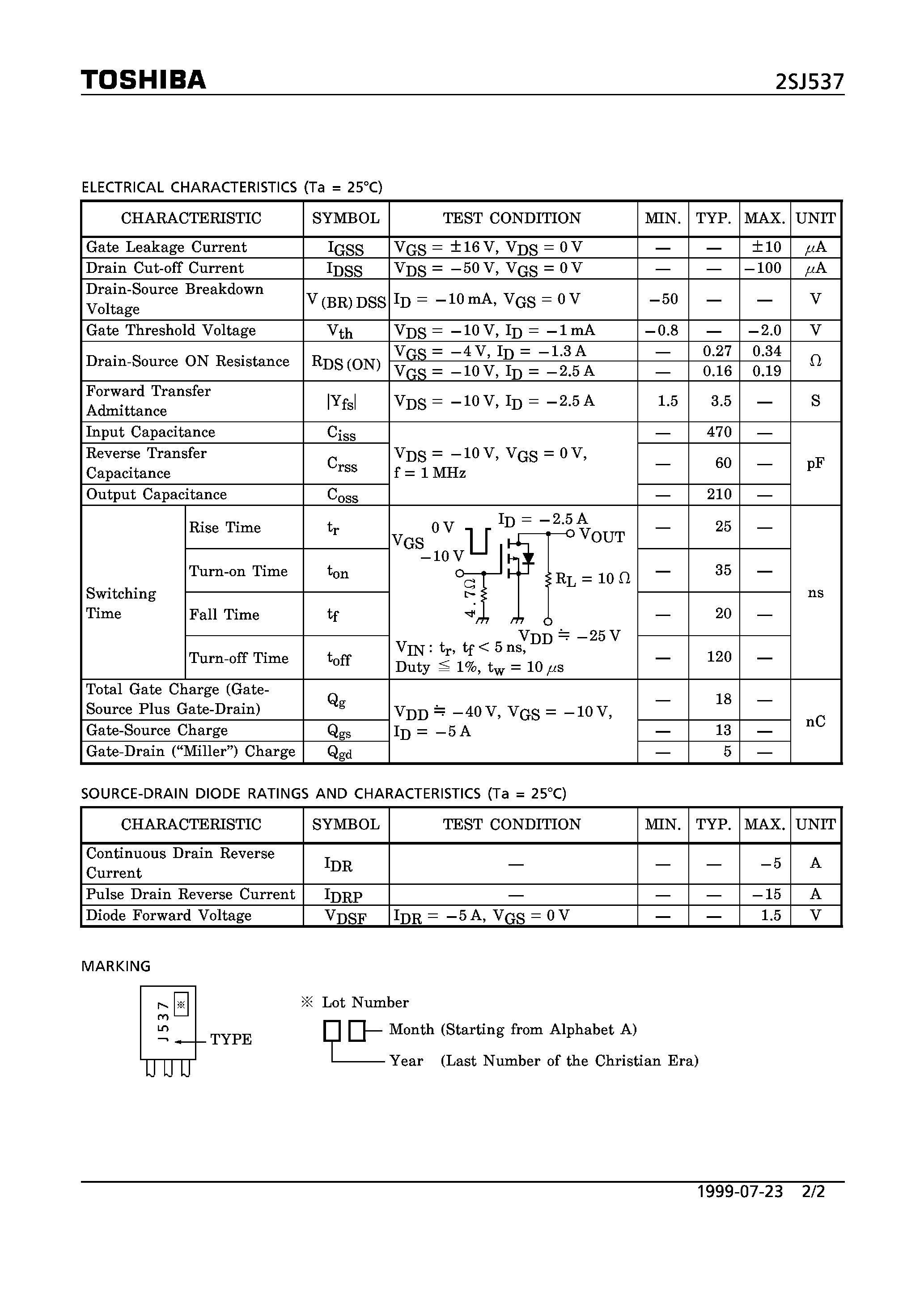 Datasheet 2SJ537 - P CHANNEL MOS TYPE (HIGH SPEED/ HIGH CURRENT SWITCHING/ CHOPPER REGULATOR/ DC-DC CONVERTER AND MOTOR DRIVE APPLICATIONS) page 2