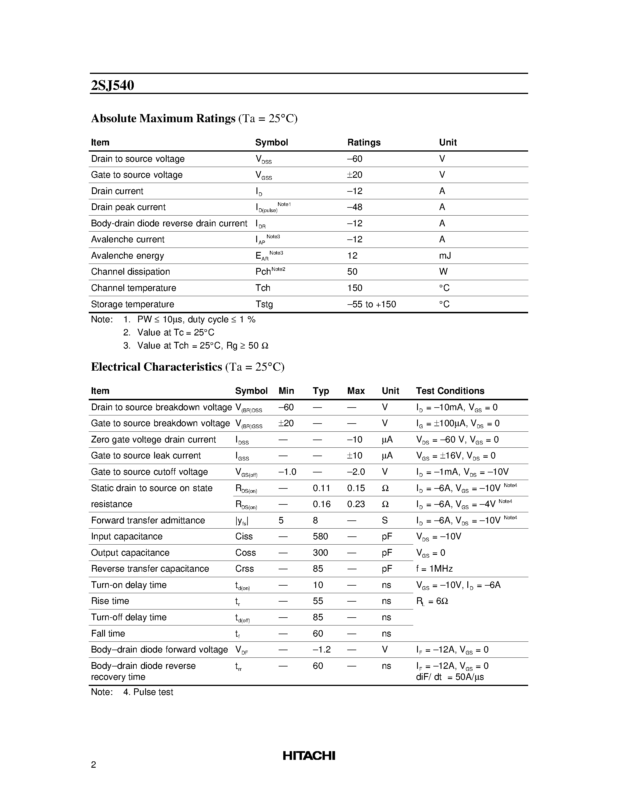 Datasheet 2SJ540 page 2 Datasheet 2SJ540 - Silicon P Channel MOS FET High Speed Power Switching page 2
