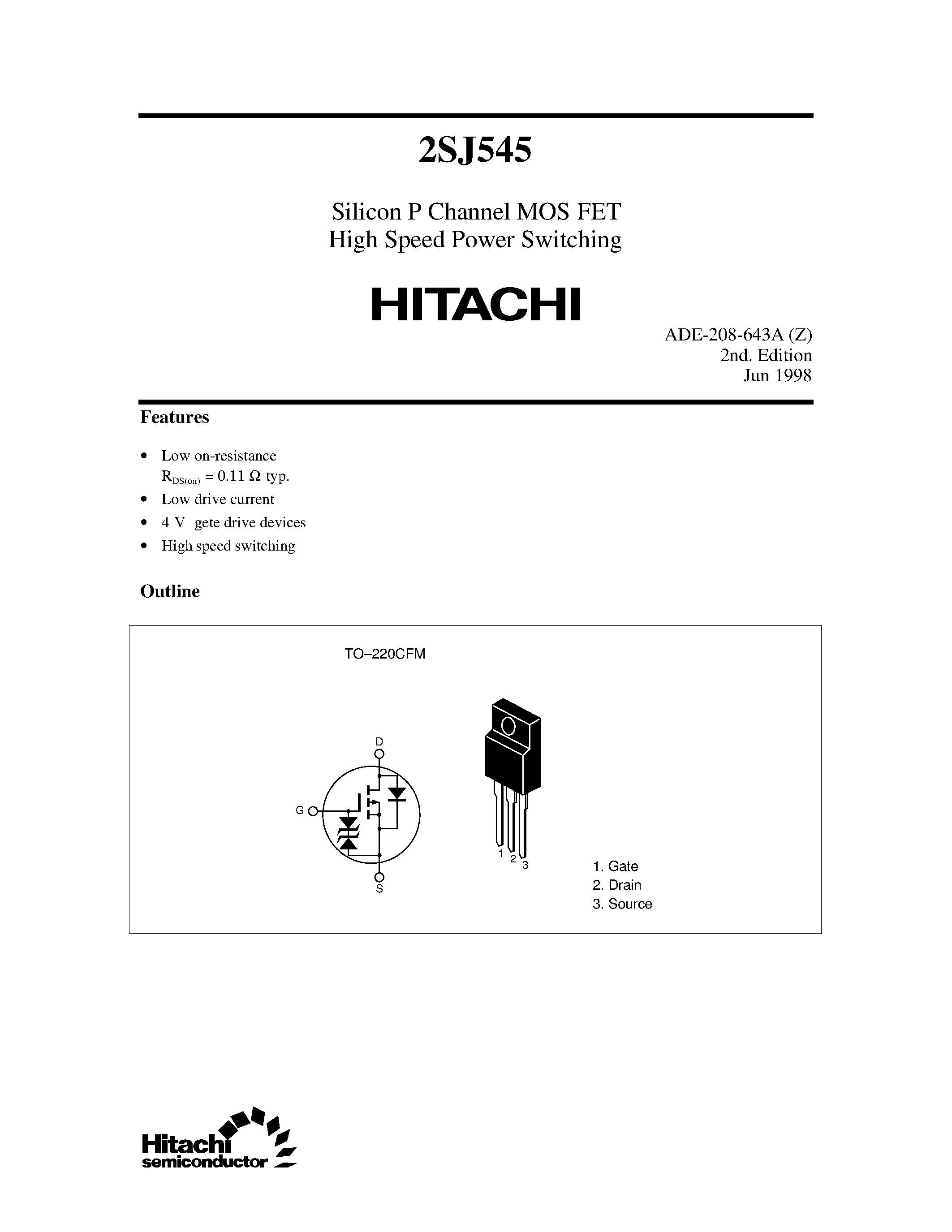 Datasheet 2SJ545 - Silicon P Channel MOS FET High Speed Power Switching page 1