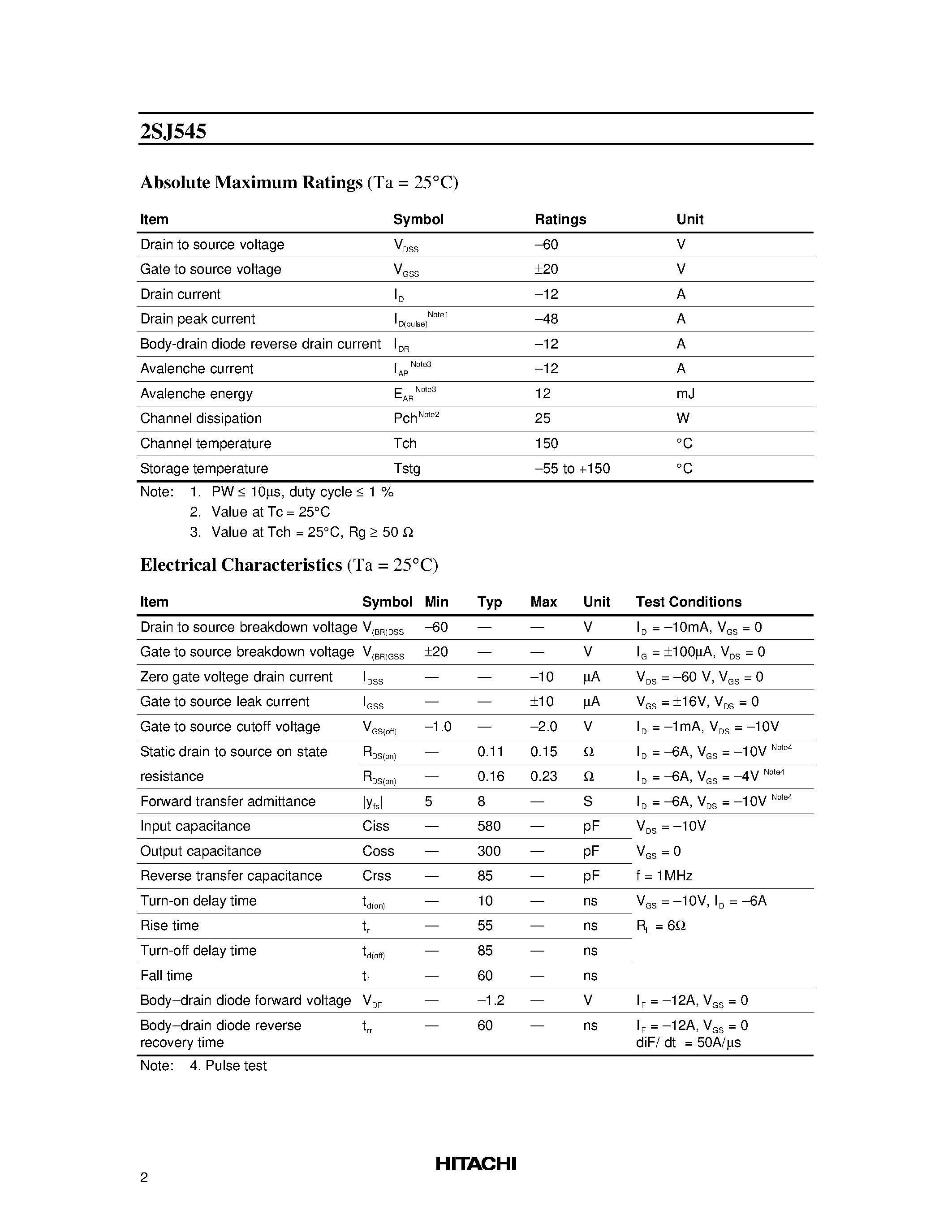 Datasheet 2SJ545 - Silicon P Channel MOS FET High Speed Power Switching page 2