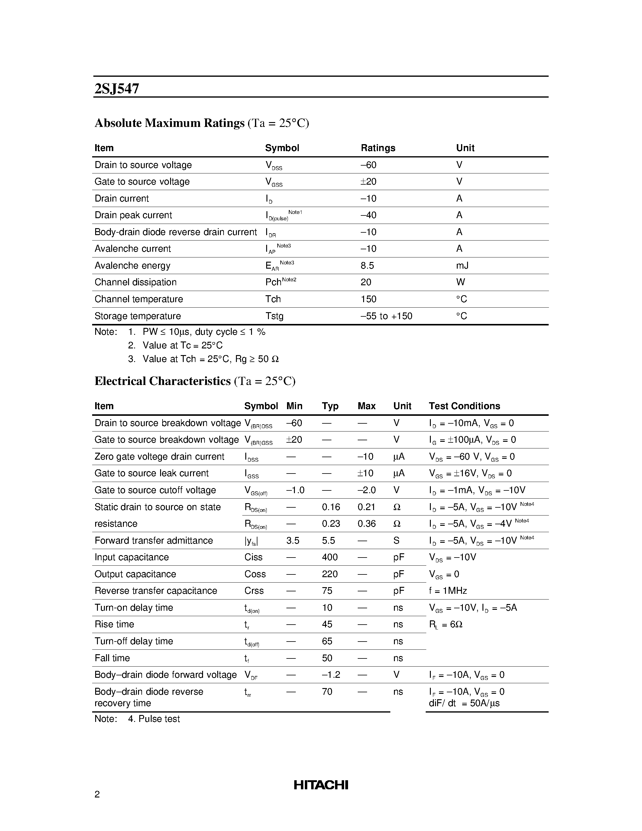 Datasheet 2SJ547 - Silicon P Channel MOS FET High Speed Power Switching page 2
