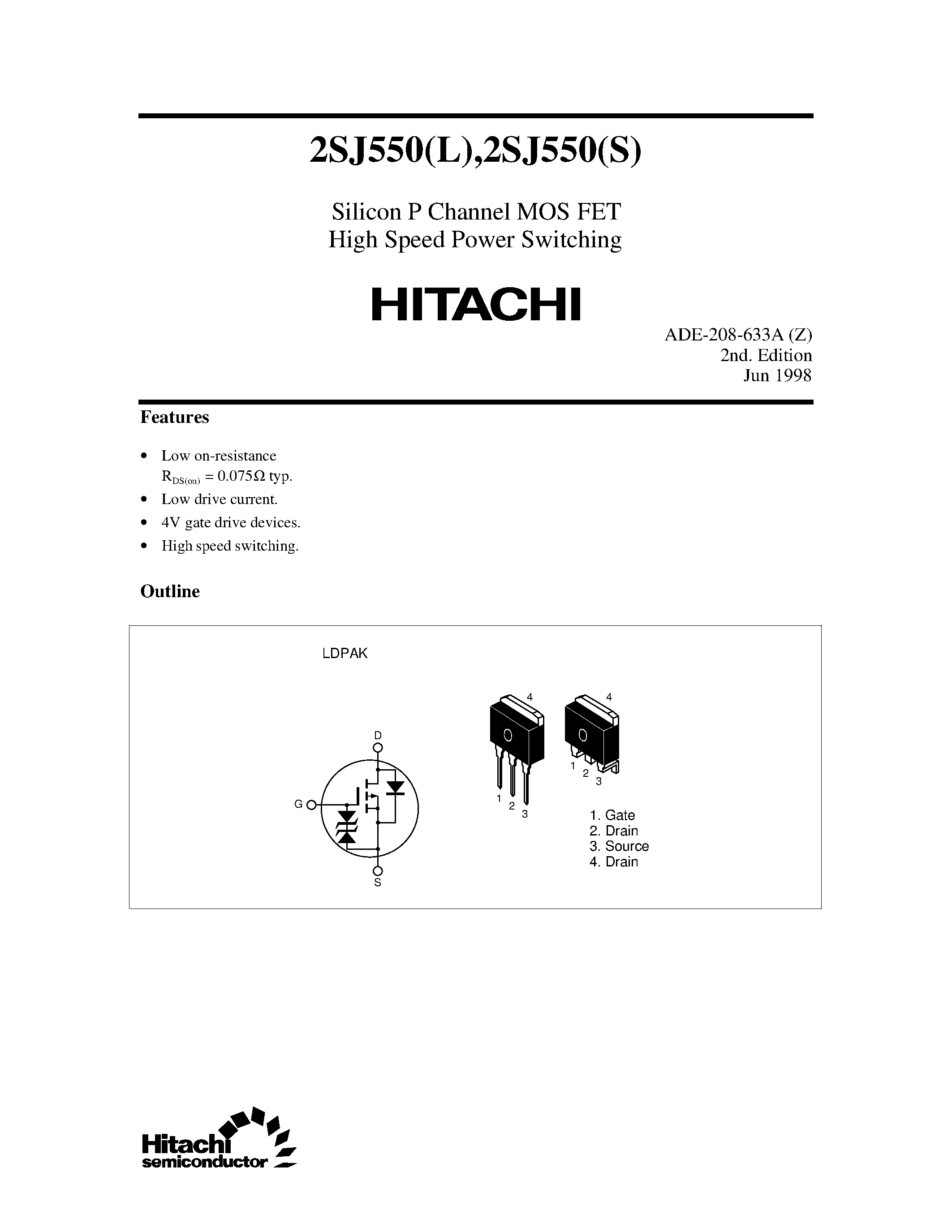 Datasheet 2SJ550L - Silicon P Channel MOS FET High Speed Power Switching page 1