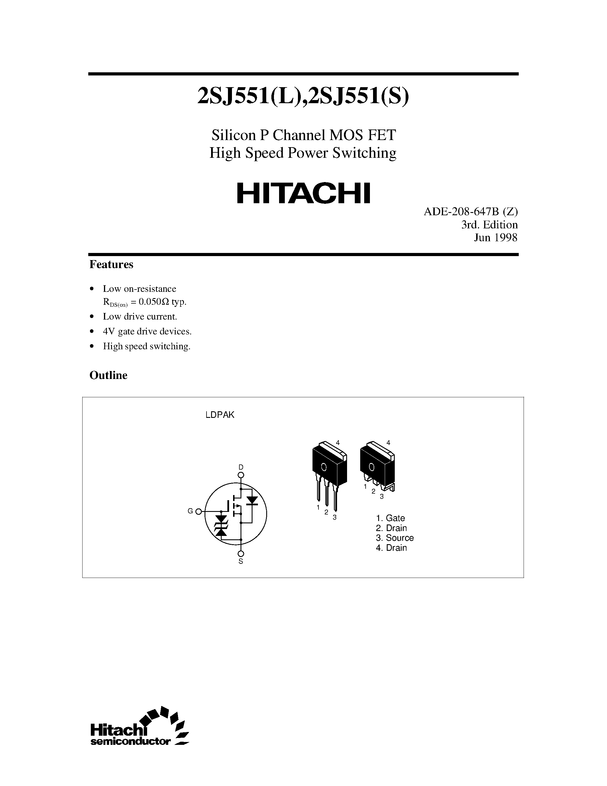 Datasheet 2SJ551S - Silicon P Channel MOS FET High Speed Power Switching page 1