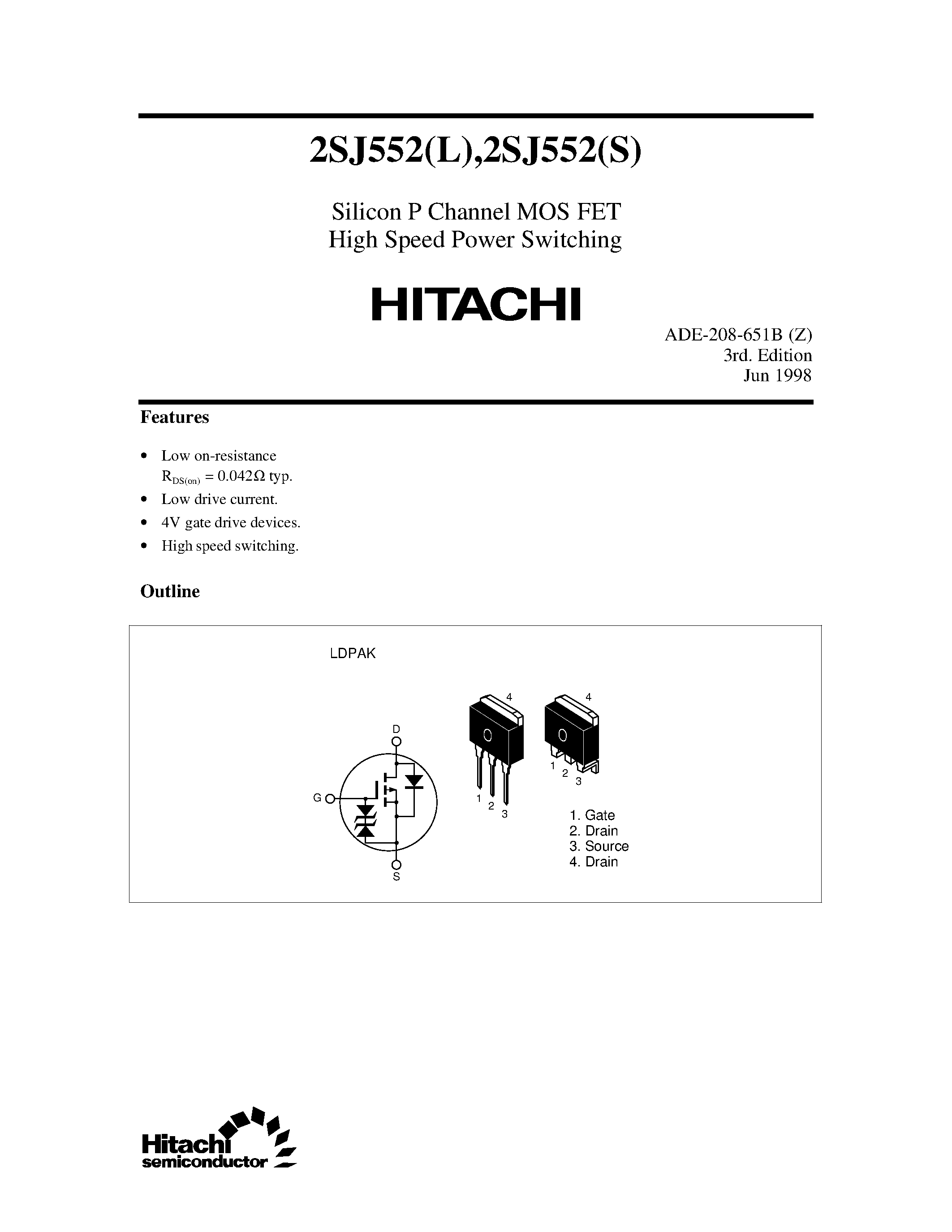 Datasheet 2SJ552S - Silicon P Channel MOS FET High Speed Power Switching page 1