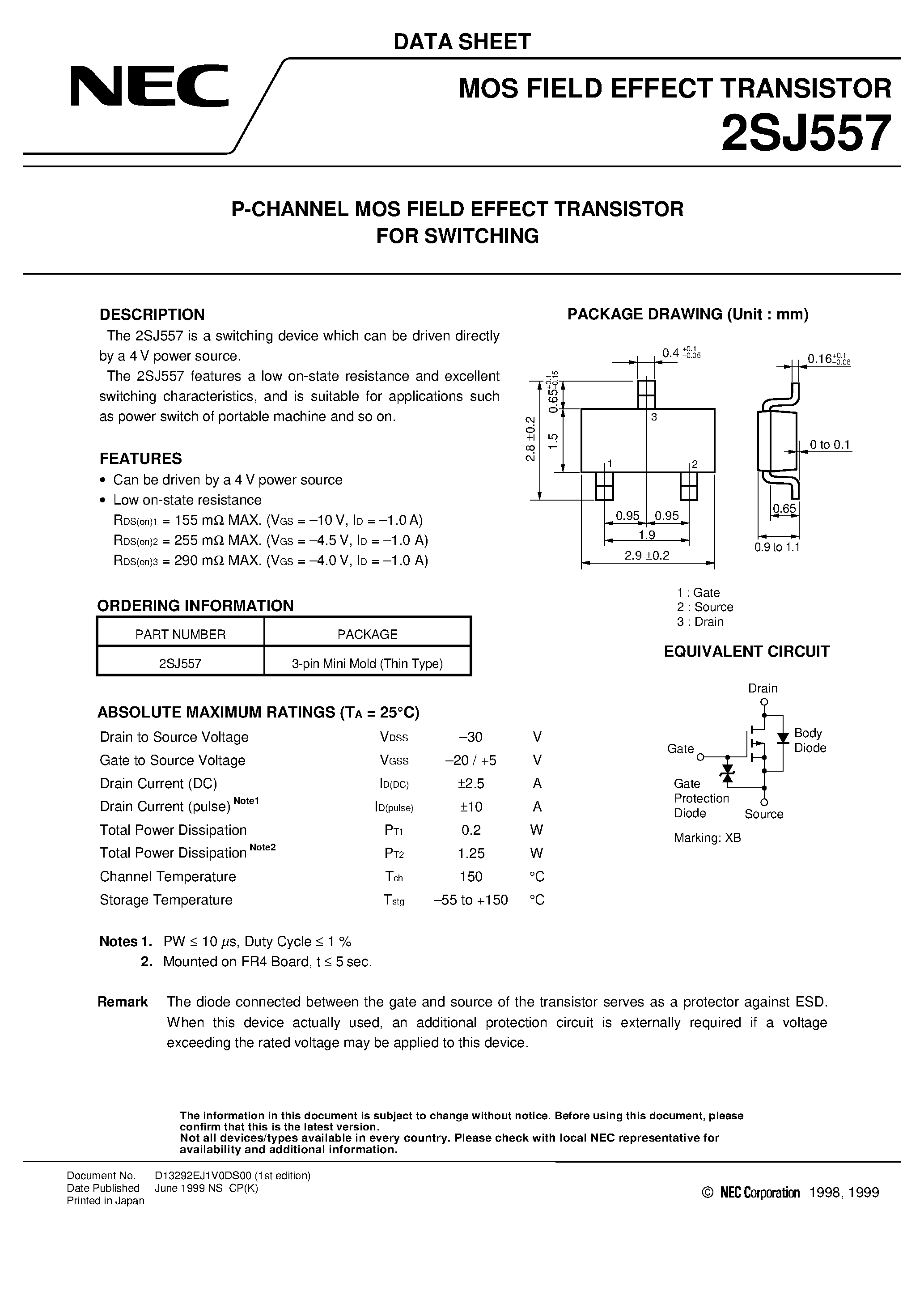 Datasheet 2SJ557 - P-CHANNEL MOS FIELD EFFECT TRANSISTOR FOR SWITCHING page 1