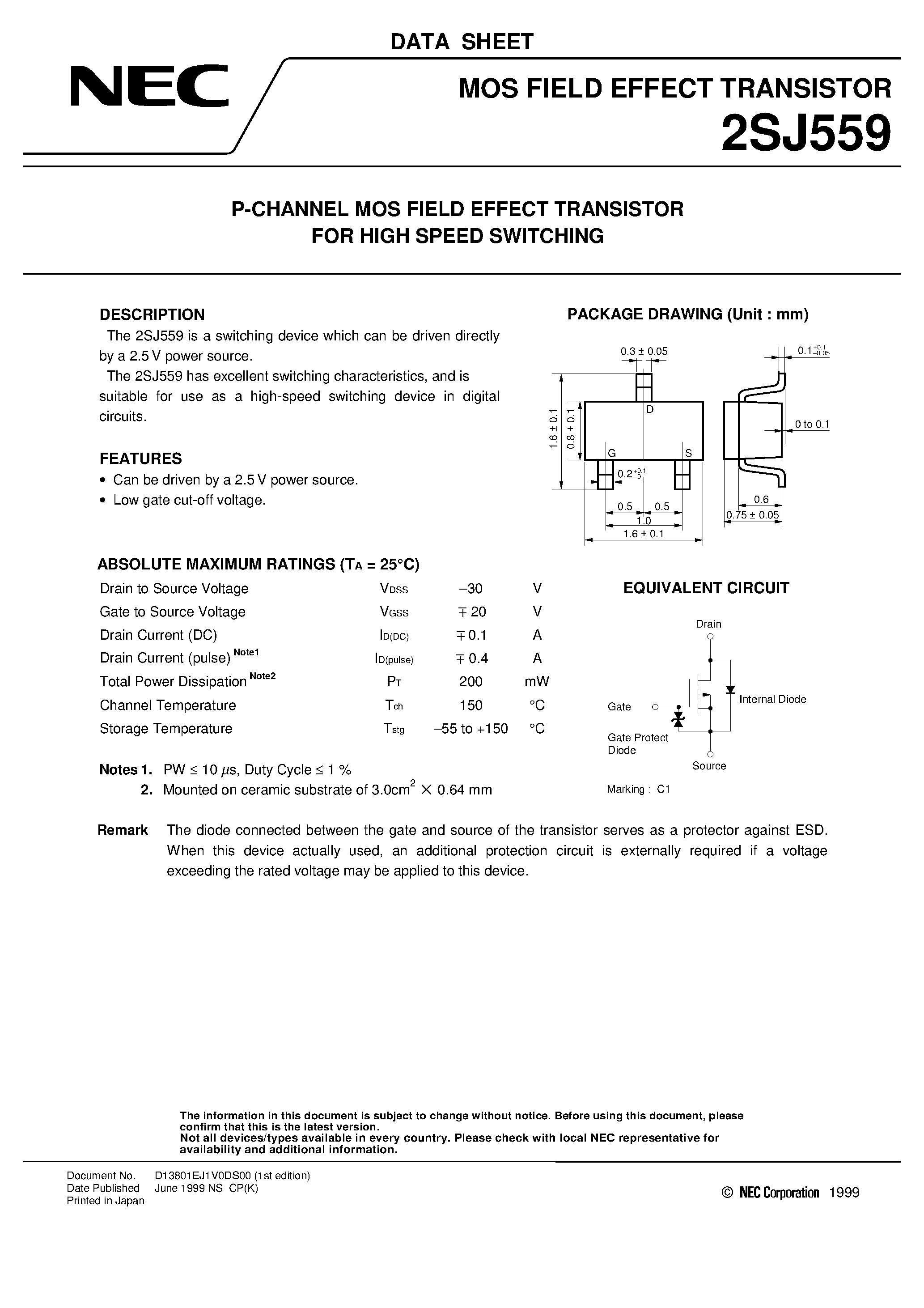 Datasheet 2SJ559 - P-CHANNEL MOS FIELD EFFECT TRANSISTOR FOR HIGH SPEED SWITCHING page 1