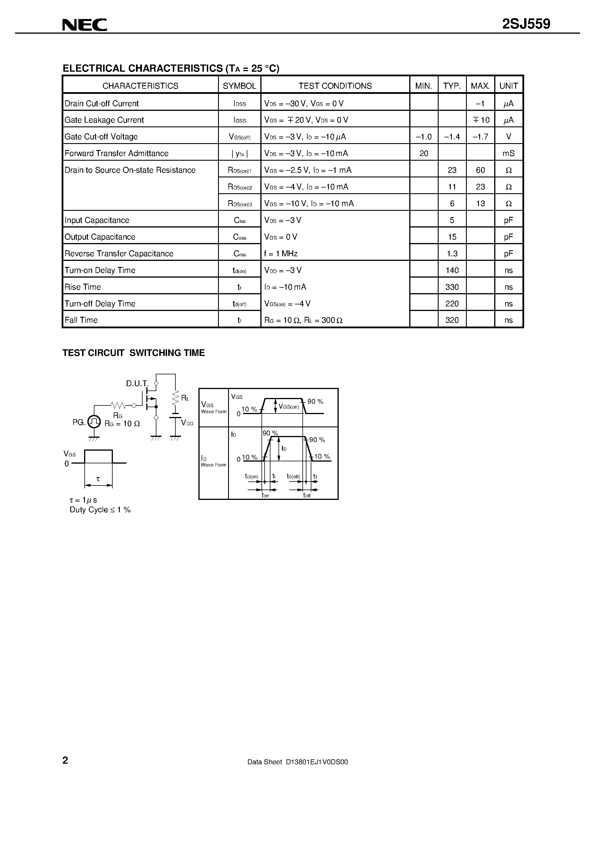 Datasheet 2SJ559 - P-CHANNEL MOS FIELD EFFECT TRANSISTOR FOR HIGH SPEED SWITCHING page 2