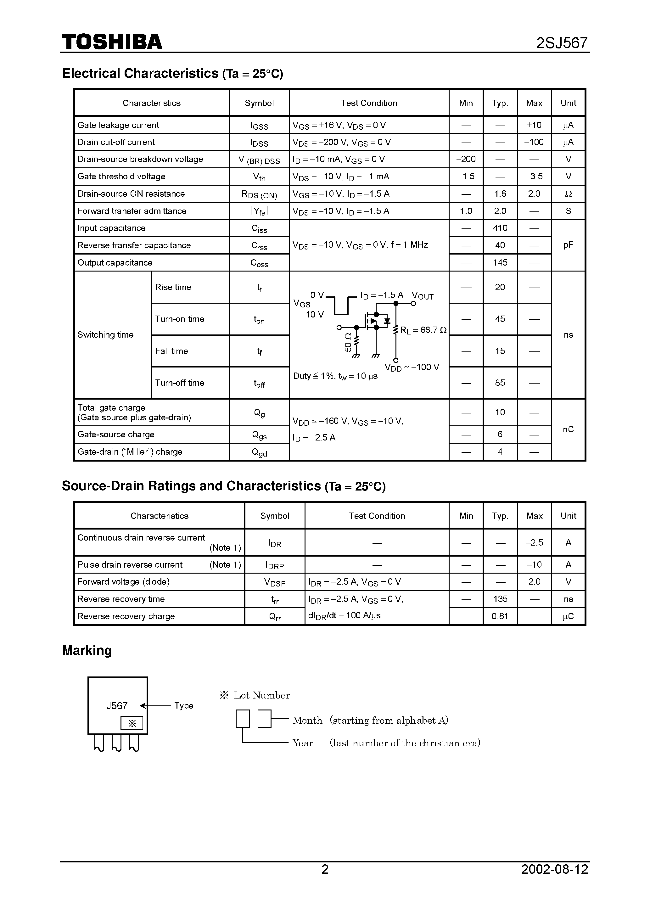 Datasheet 2SJ567 page 2 Datasheet 2SJ567 - TOSHIBA Field Effect Transistor Silicon P Channel MOS Type (-MOSV) page 2