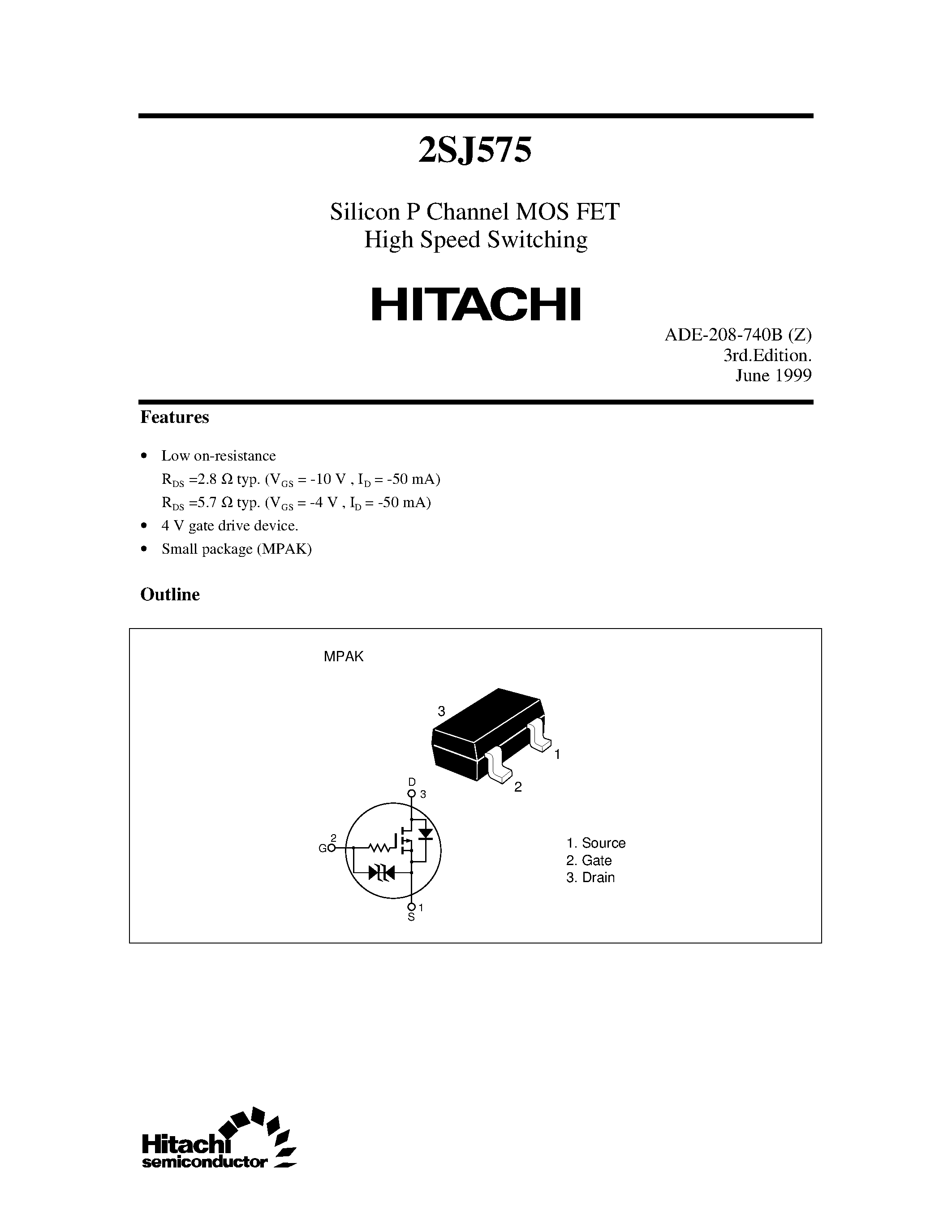 Datasheet 2SJ575 - Silicon P Channel MOS FET High Speed Switching page 1