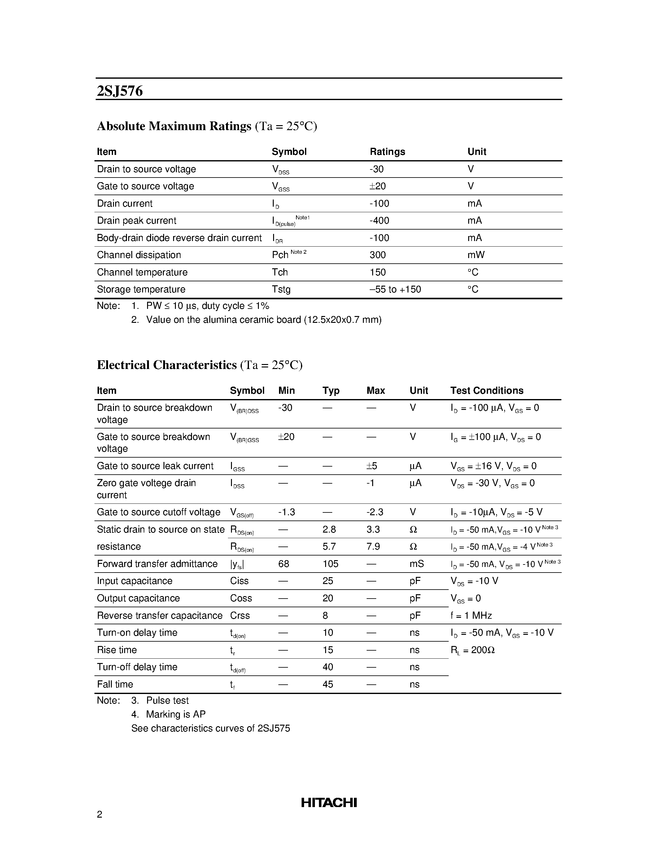 Datasheet 2SJ576 - Silicon P Channel MOS FET High Speed Switching page 2