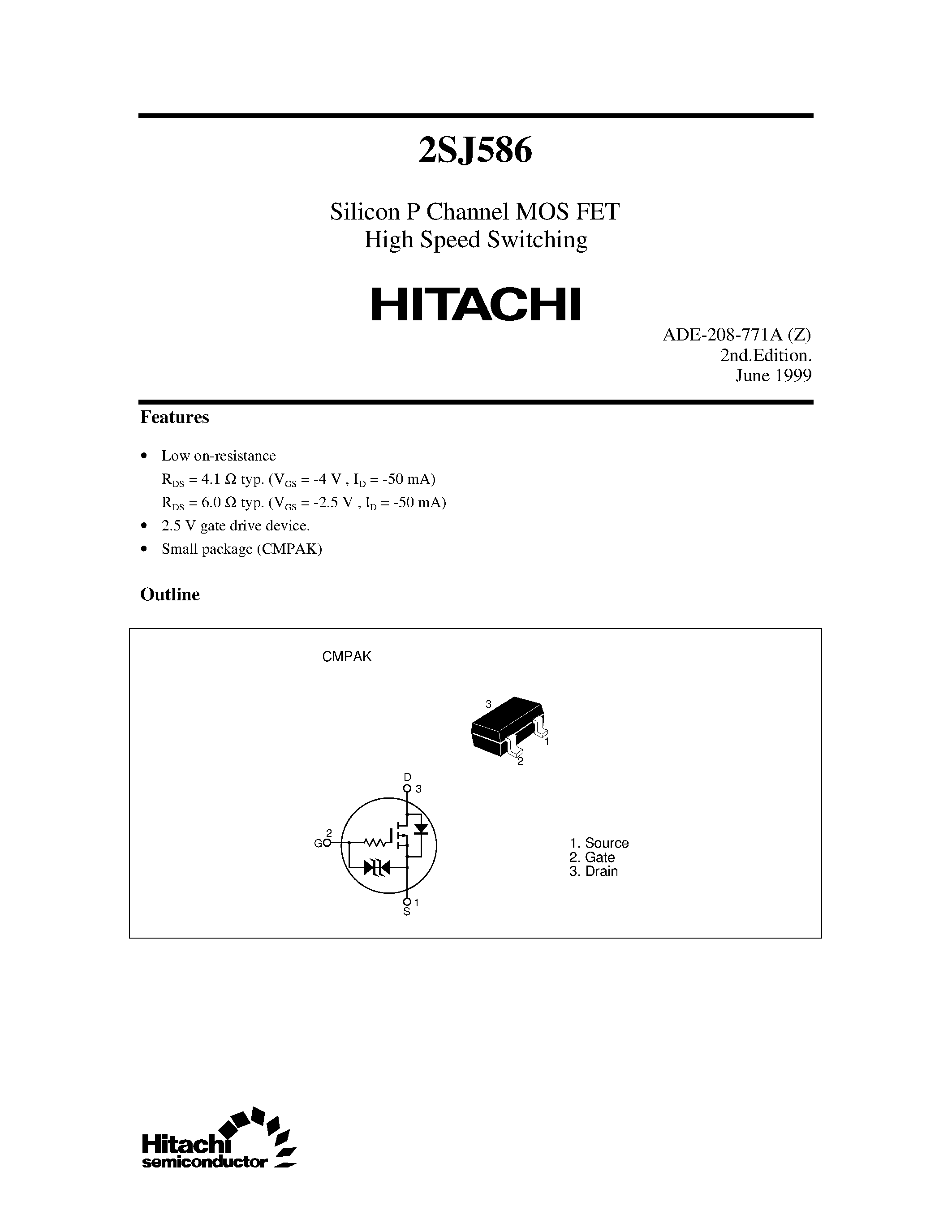 Datasheet 2SJ586 - Silicon P Channel MOS FET High Speed Switching page 1