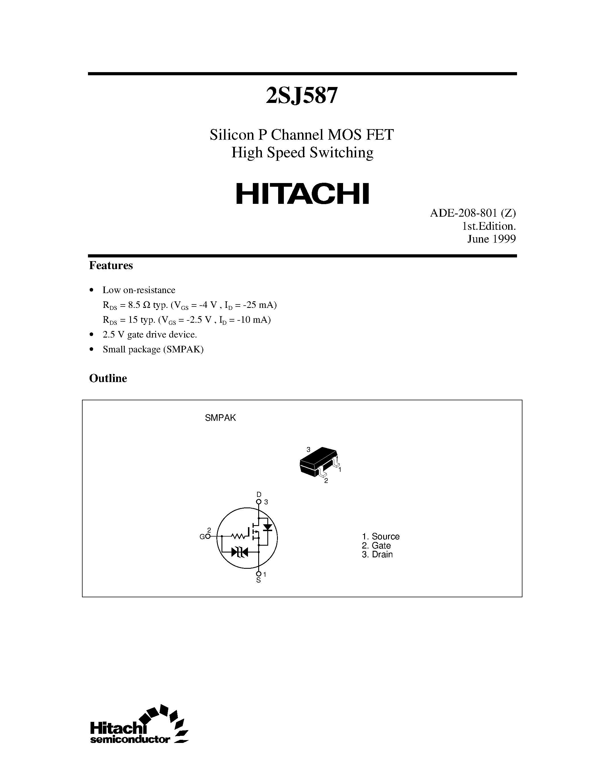 Datasheet 2SJ587 - Silicon P Channel MOS FET High Speed Switching page 1