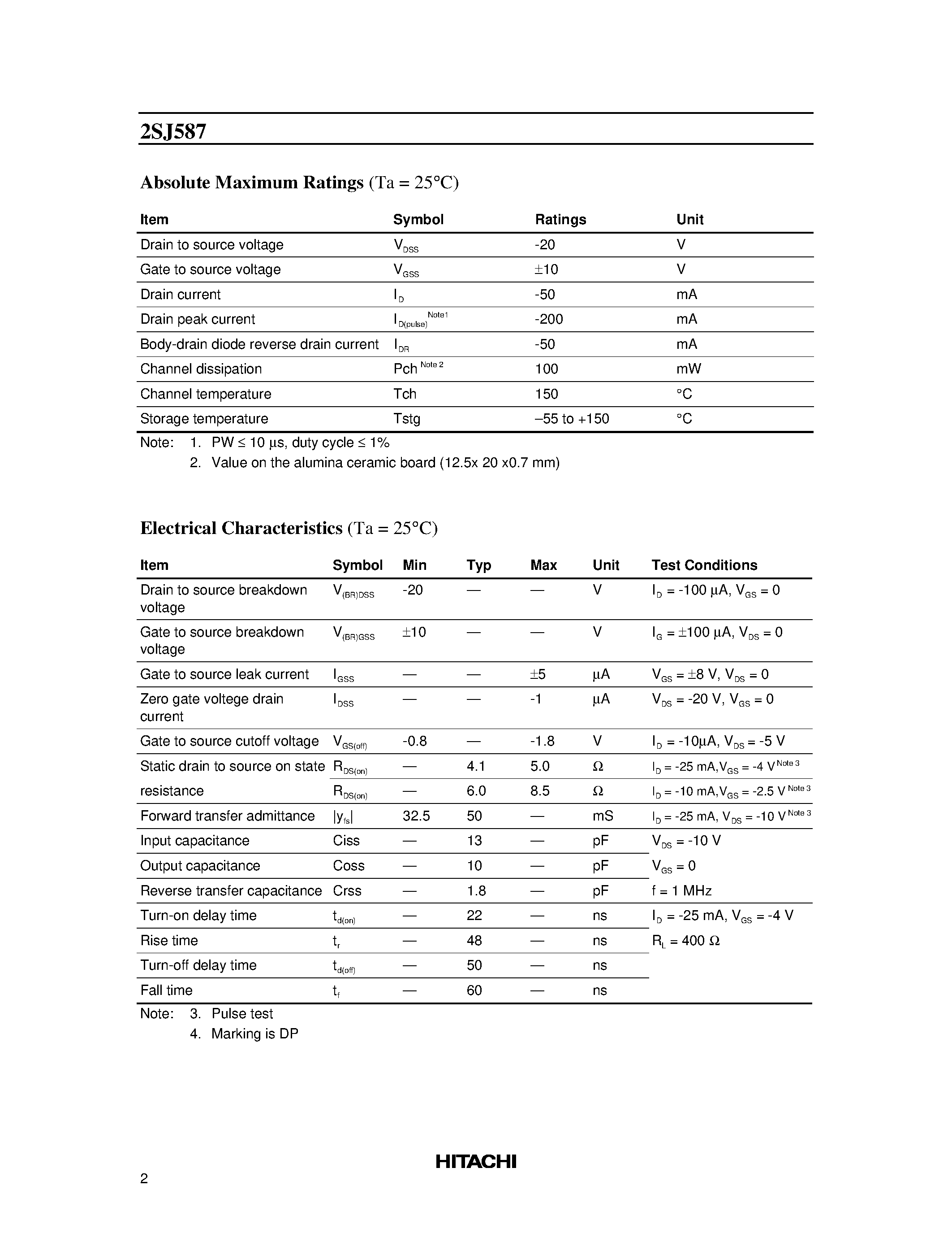 Datasheet 2SJ587 - Silicon P Channel MOS FET High Speed Switching page 2