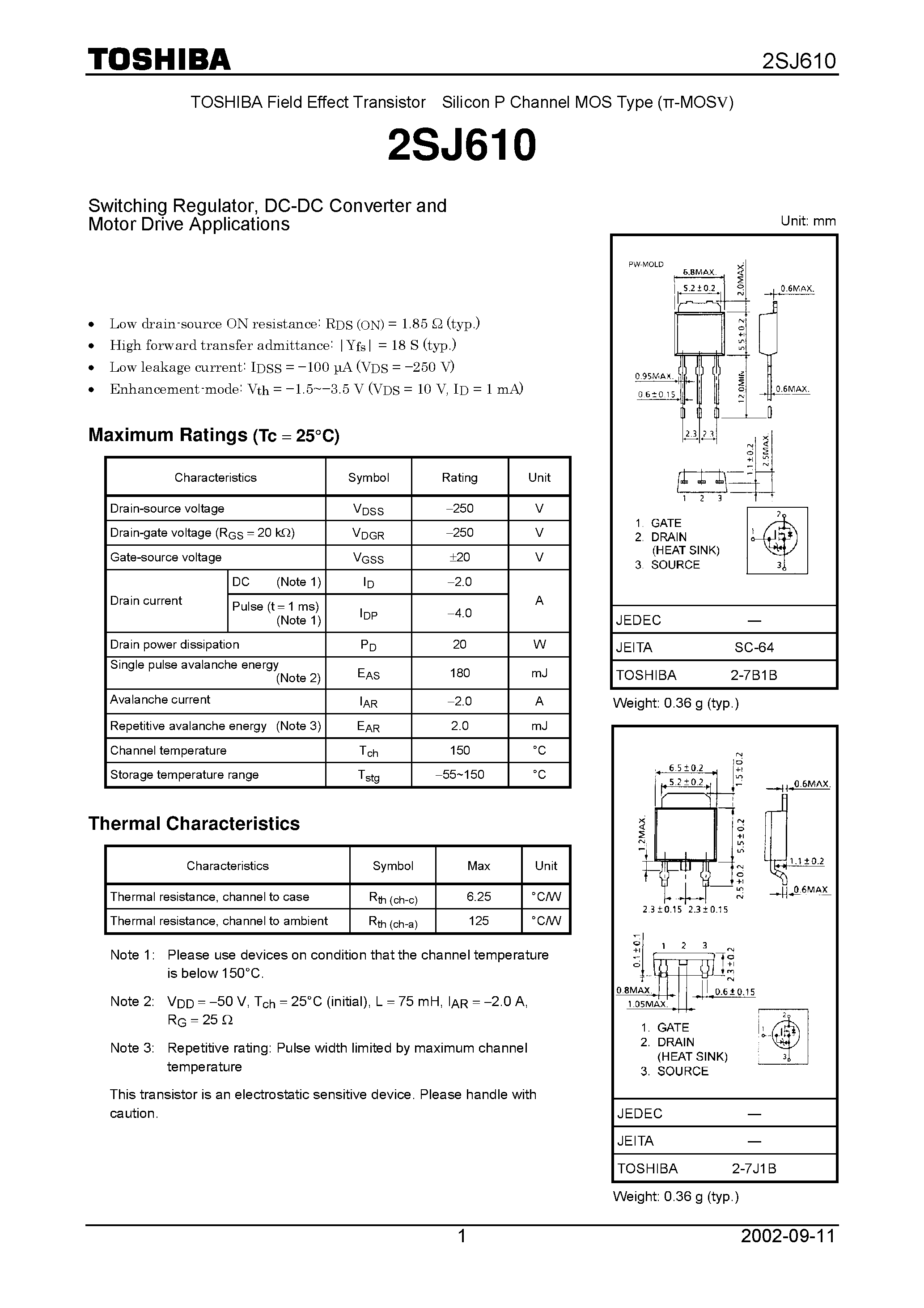 Даташит 2SJ610 - Switching Regulator/ DC-DC Converter and Motor Drive Applications страница 1