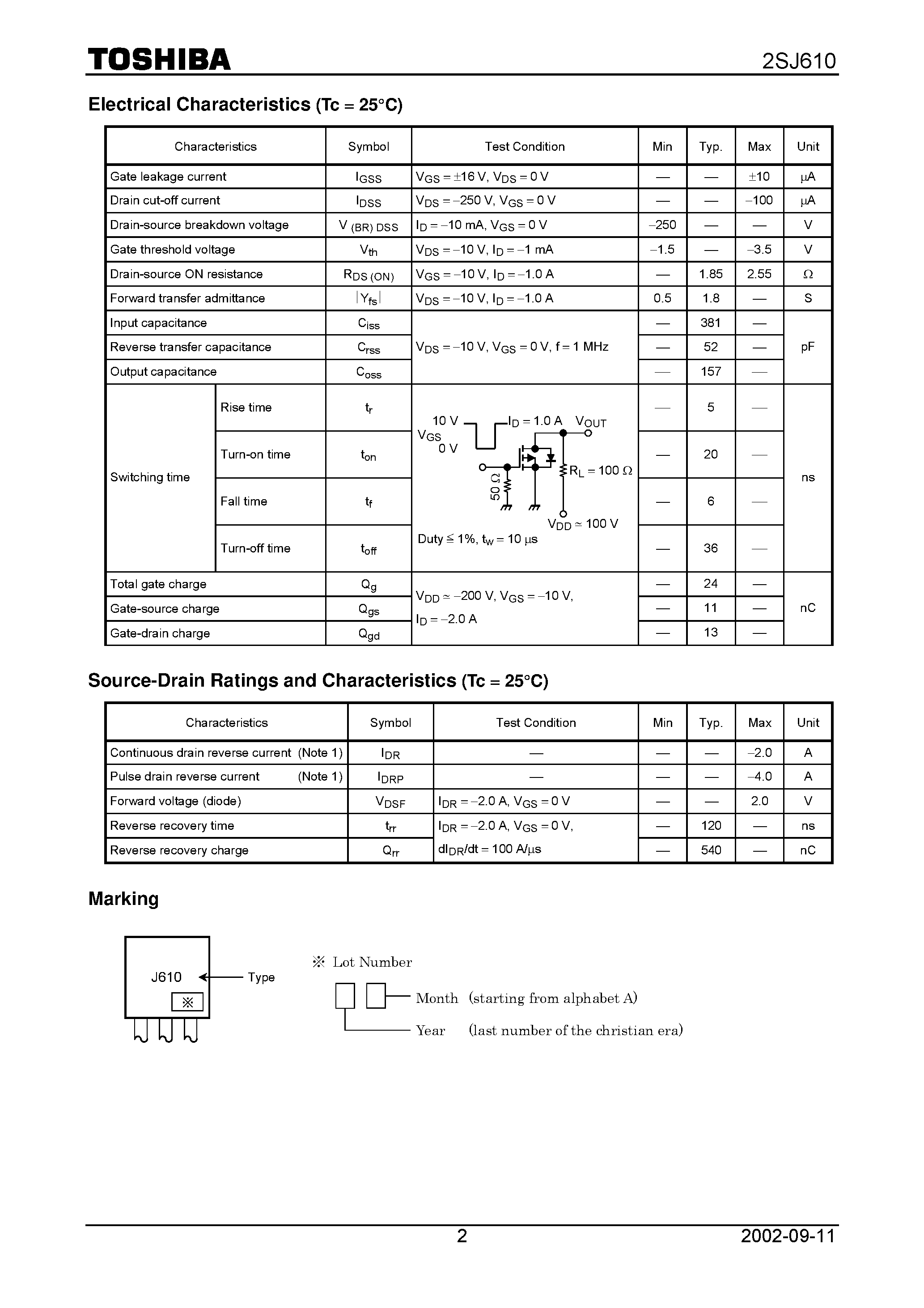 Даташит 2SJ610 - Switching Regulator/ DC-DC Converter and Motor Drive Applications страница 2