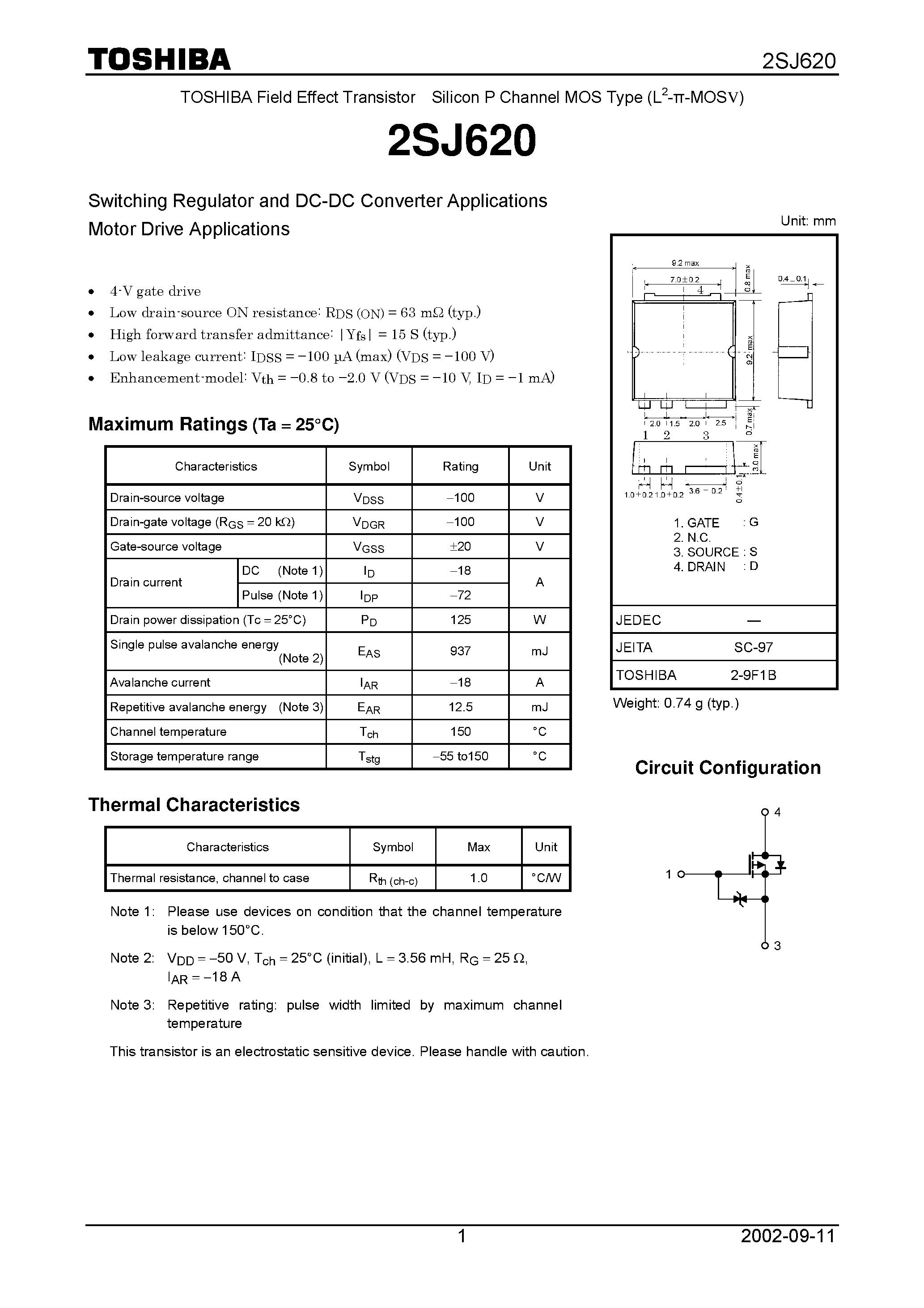 Datasheet 2SJ620 - TOSHIBA Field Effect Transistor Silicon P Channel MOS Type (L2--MOSV) page 1