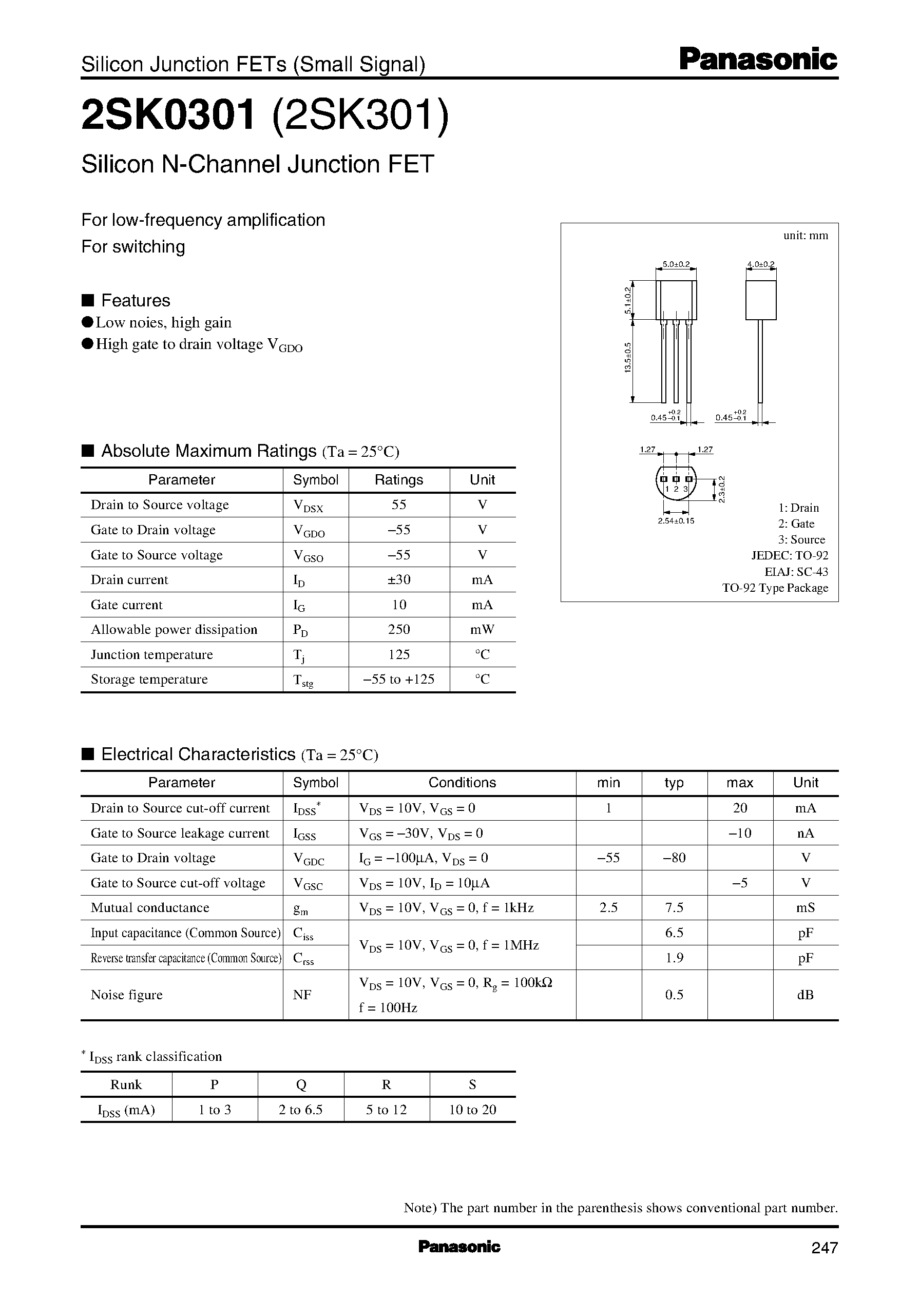 Даташит 2SK0301 - Silicon N-Channel Junction FET страница 1