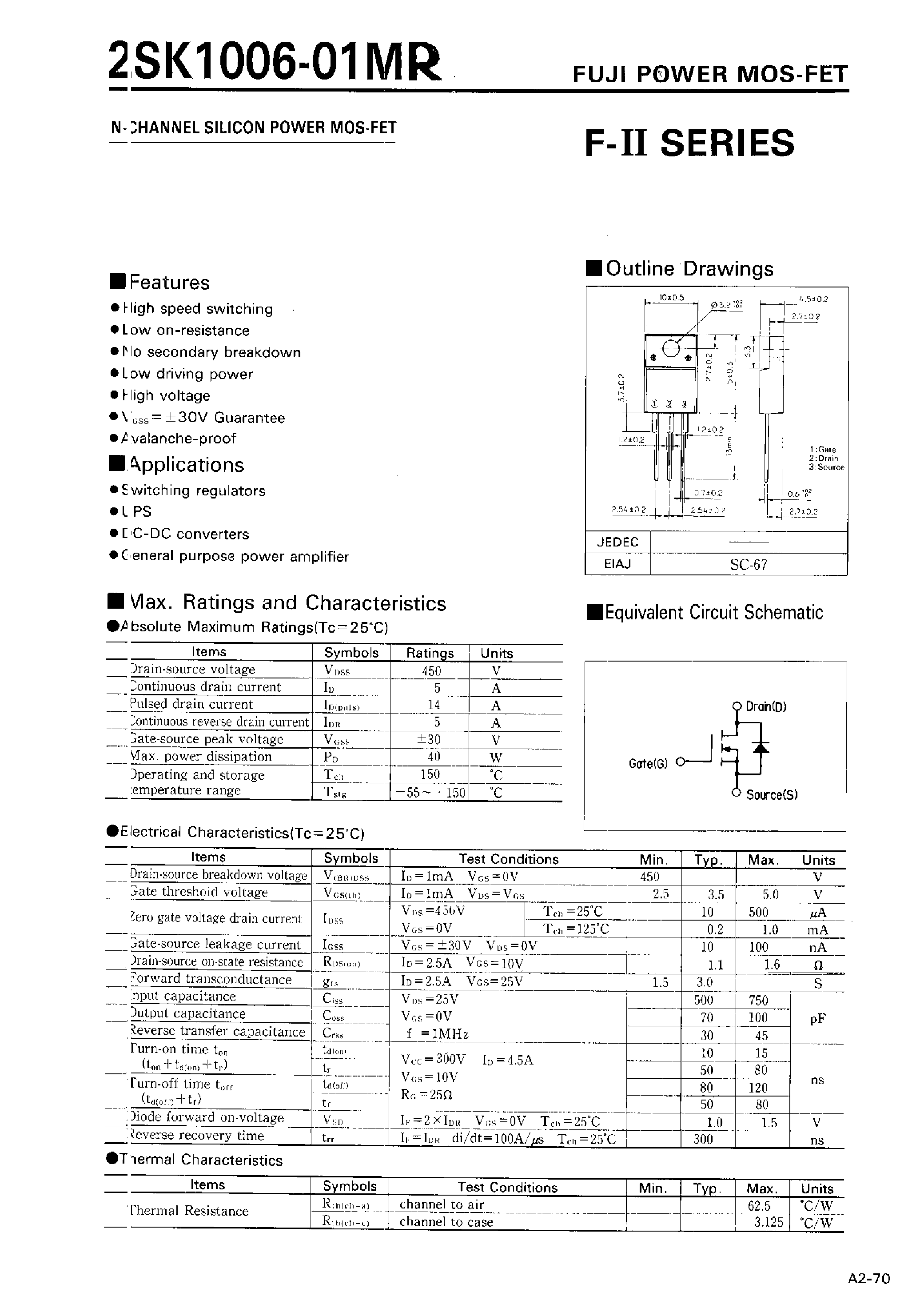Datasheet 2SK1006-01MR - N-CHANNEL SILICON POWER MOSFET page 1