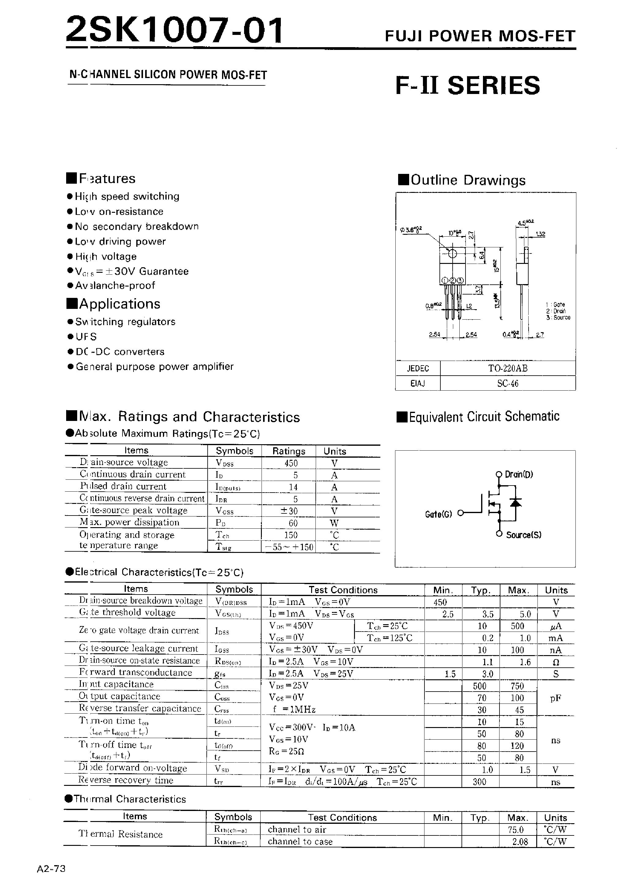 Datasheet 2SK1007-01 - N-CHANNEL SILICON POWER MOSFET page 1